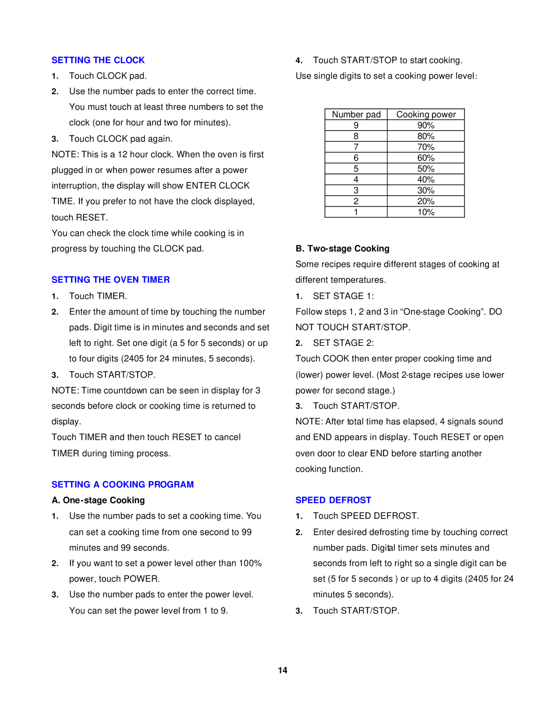 Avanti MO902SST-1 Setting the Clock, Setting the Oven Timer, Setting a Cooking Program, Two-stage Cooking 