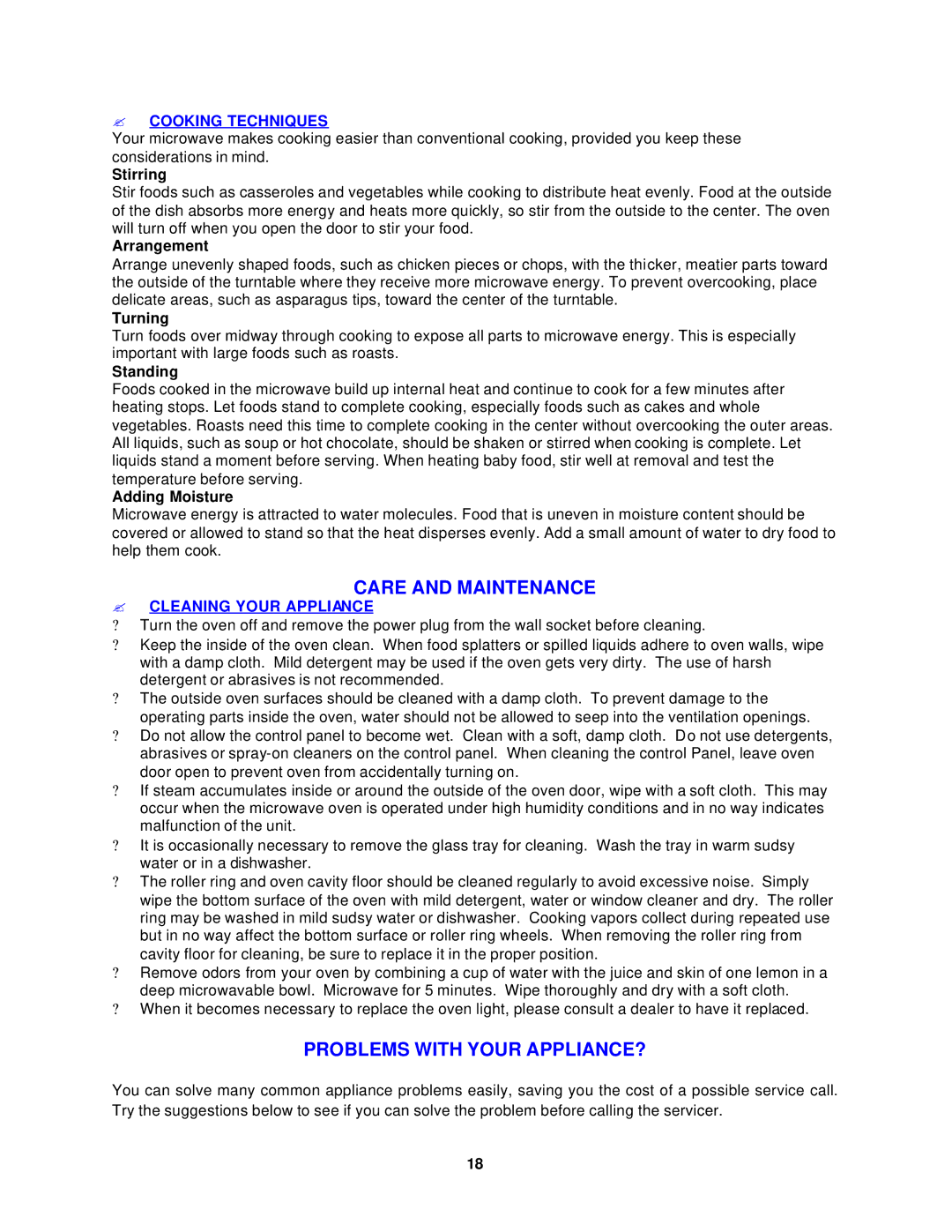Avanti MO902SST-1 Care and Maintenance, Problems with Your APPLIANCE?, ? Cooking Techniques, ? Cleaning Your Appliance 