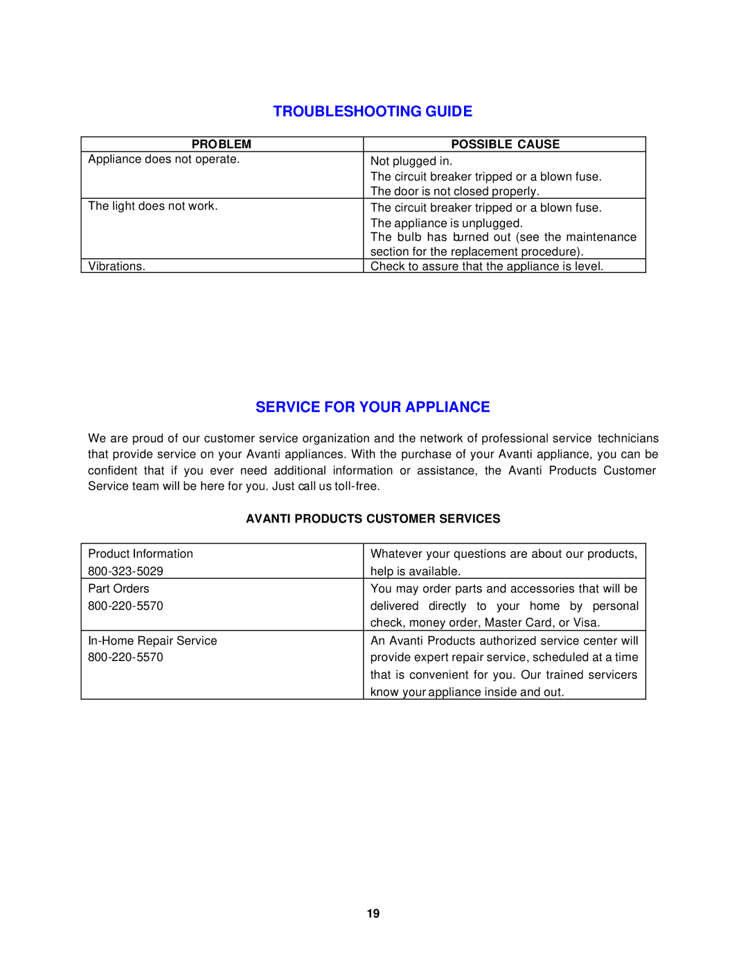 Avanti MO902SST-1 instruction manual Troubleshooting Guide, Service for Your Appliance, Problem Possible Cause 