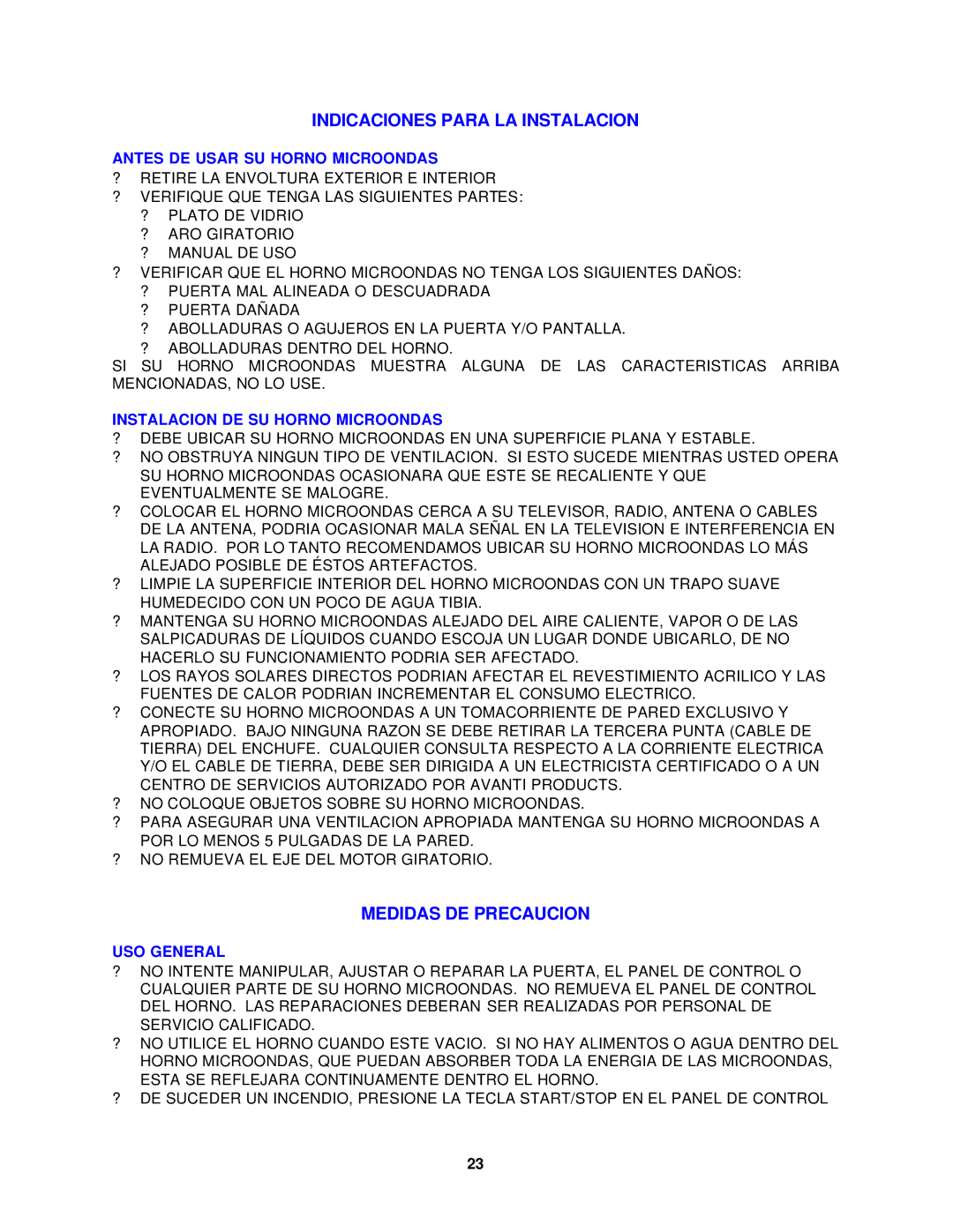 Avanti MO902SST-1 Indicaciones Para LA Instalacion, Medidas DE Precaucion, Antes DE Usar SU Horno Microondas, USO General 