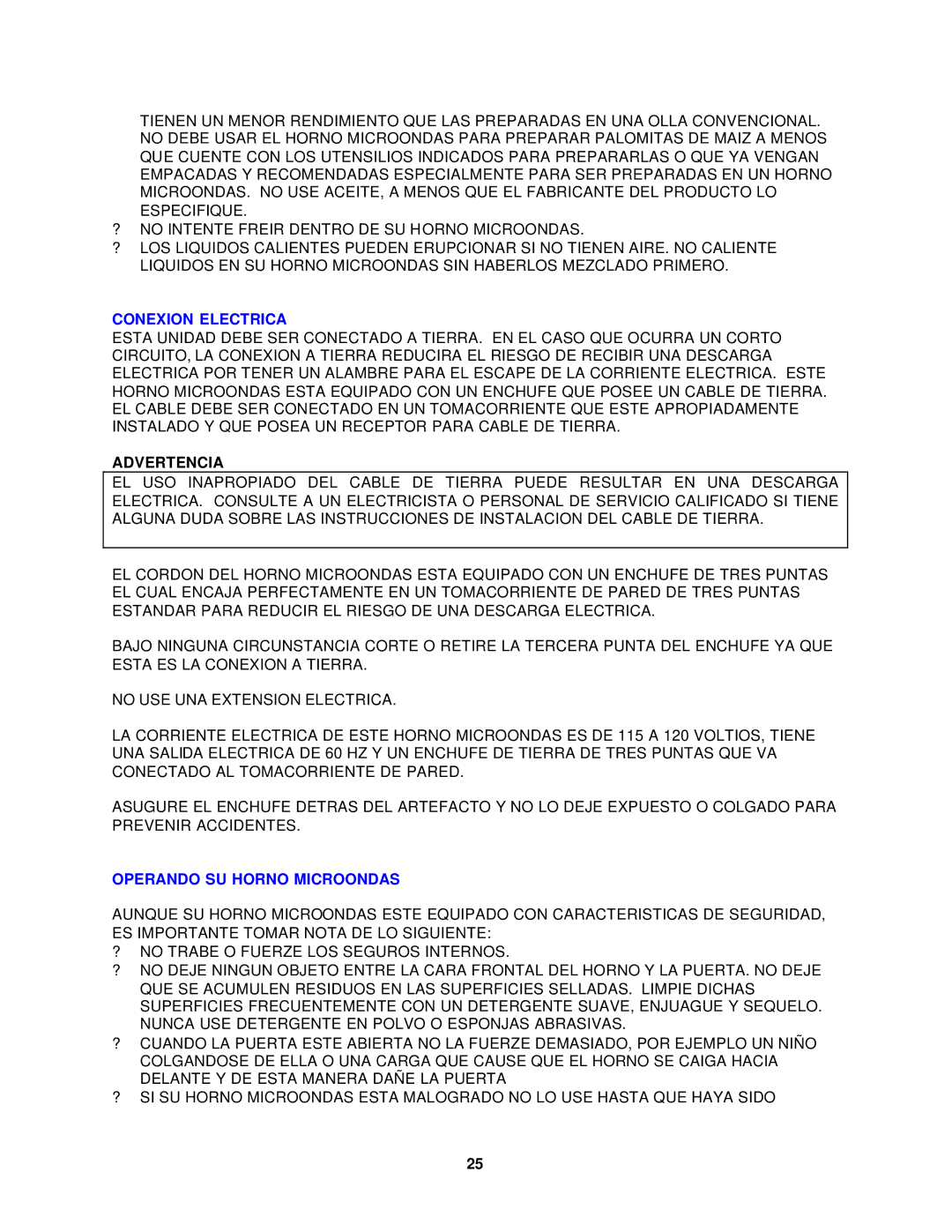 Avanti MO902SST-1 instruction manual Conexion Electrica, Advertencia, Operando SU Horno Microondas 