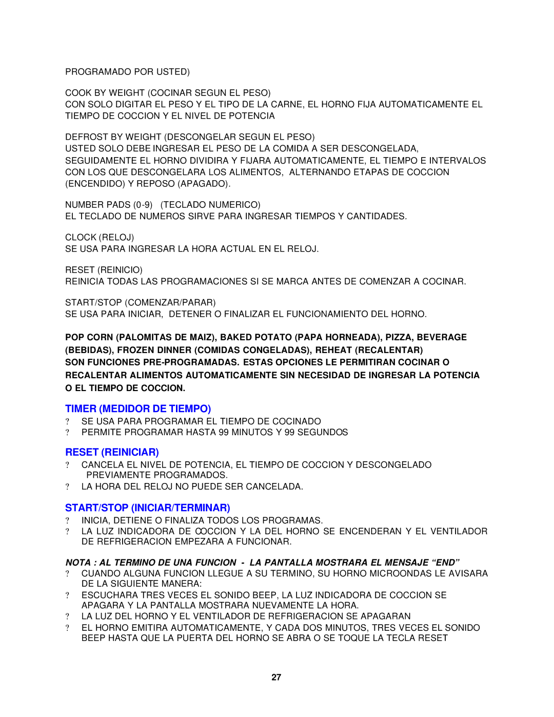 Avanti MO902SST-1 instruction manual Timer Medidor DE Tiempo, Reset Reiniciar, Start/Stop Iniciar/Terminar 