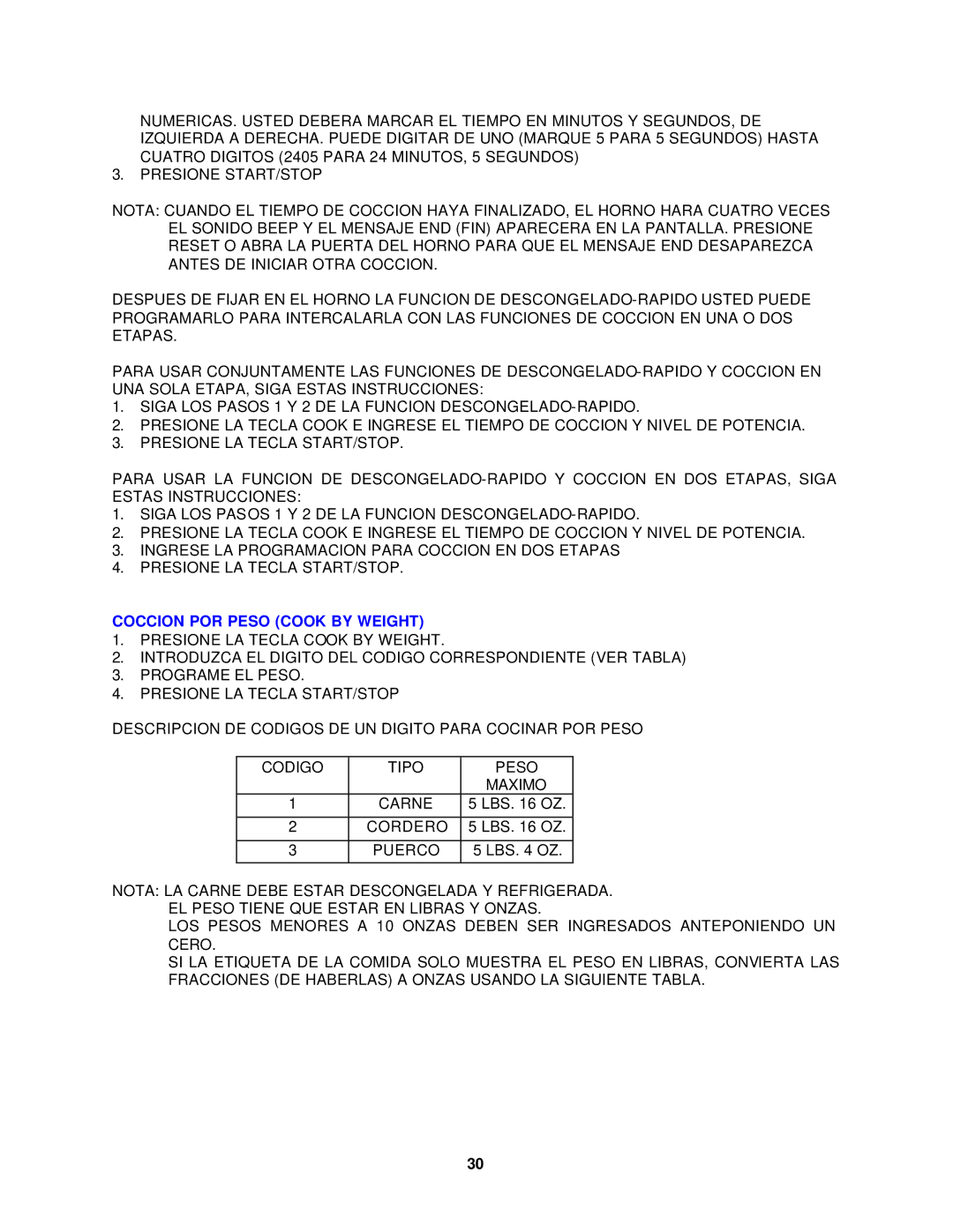 Avanti MO902SST-1 instruction manual Coccion POR Peso Cook by Weight 