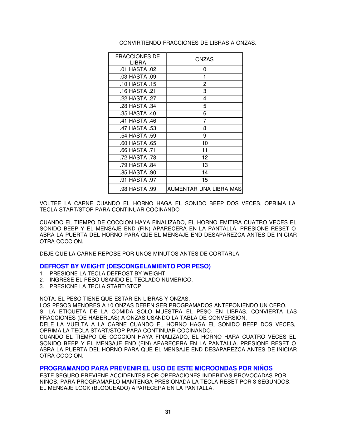 Avanti MO902SST-1 instruction manual Defrost by Weight Descongelamiento POR Peso 