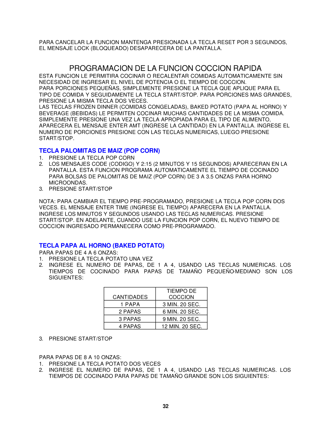 Avanti MO902SST-1 instruction manual Tecla Palomitas DE Maiz POP Corn, Tecla Papa AL Horno Baked Potato 