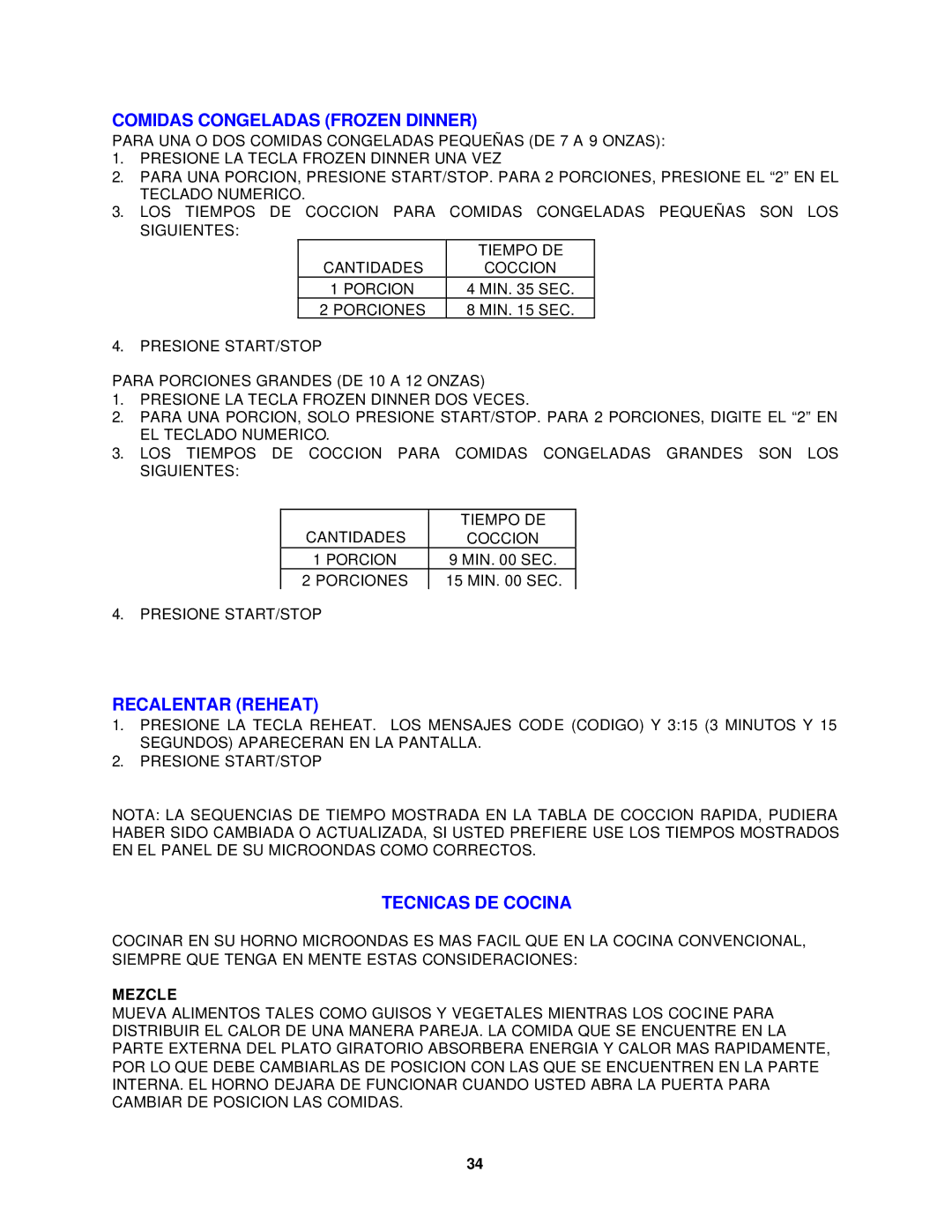 Avanti MO902SST-1 instruction manual Comidas Congeladas Frozen Dinner, Recalentar Reheat, Tecnicas DE Cocina, Mezcle 