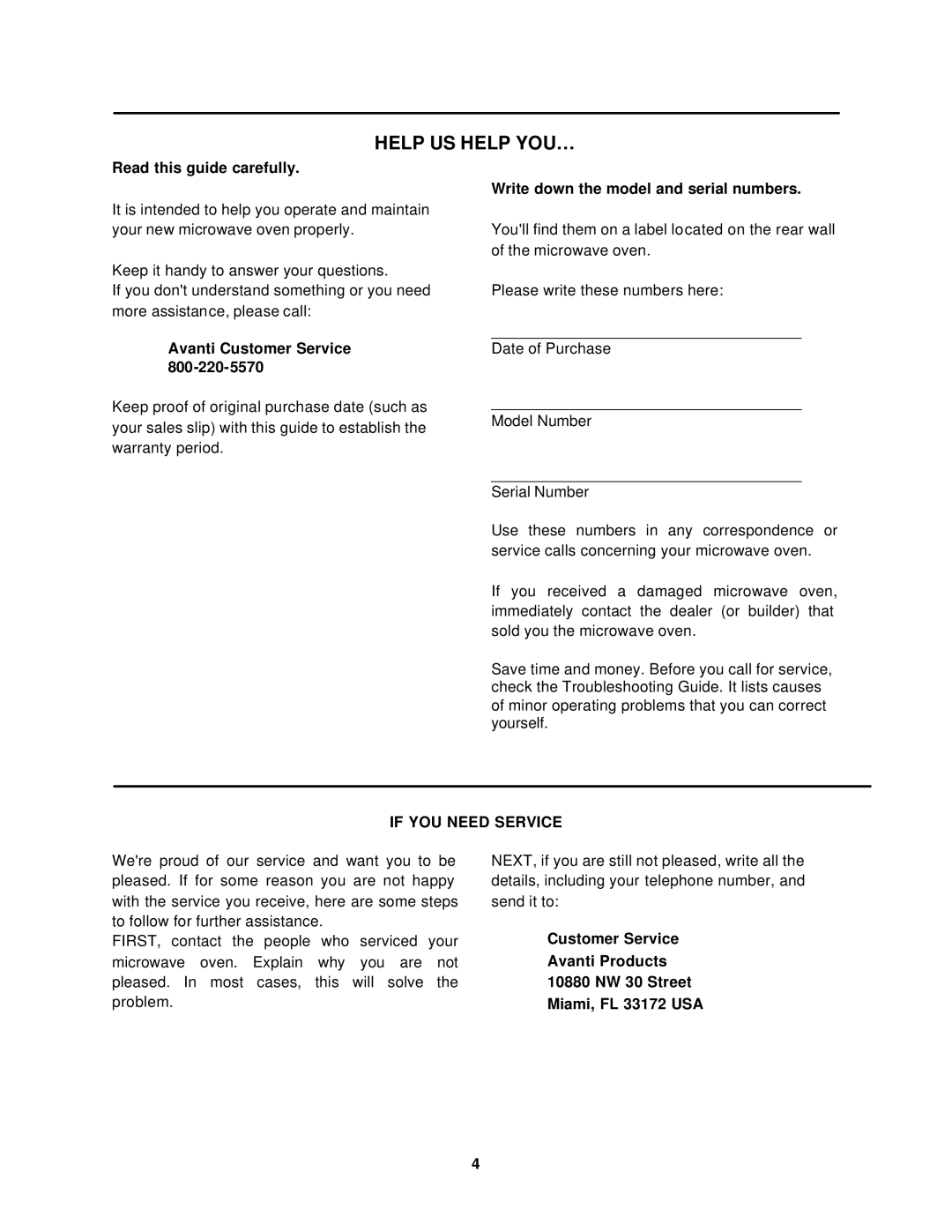 Avanti MO902SST-1 Read this guide carefully, Avanti Customer Service, Write down the model and serial numbers 