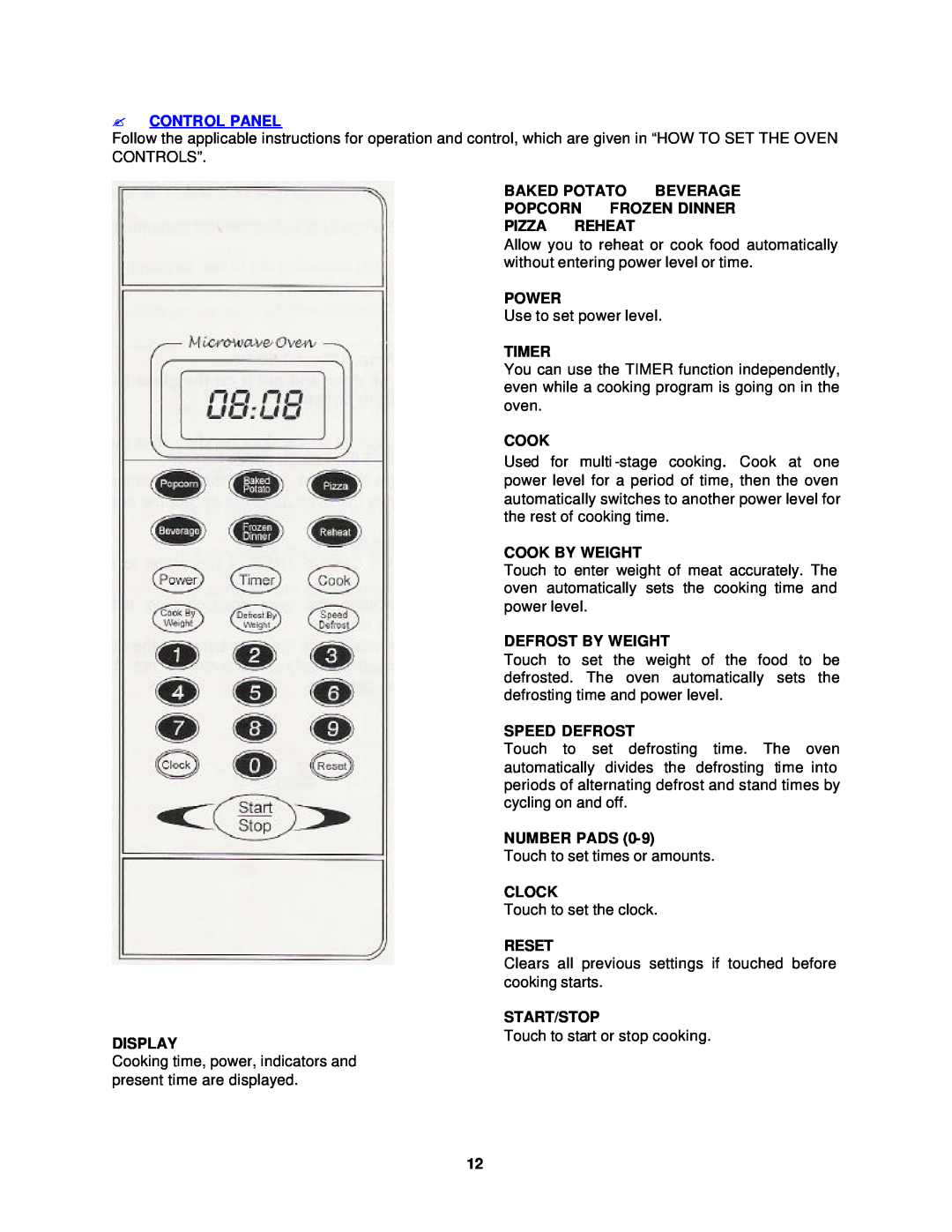 Avanti MO902SST-1 instruction manual ?Control Panel, Display 