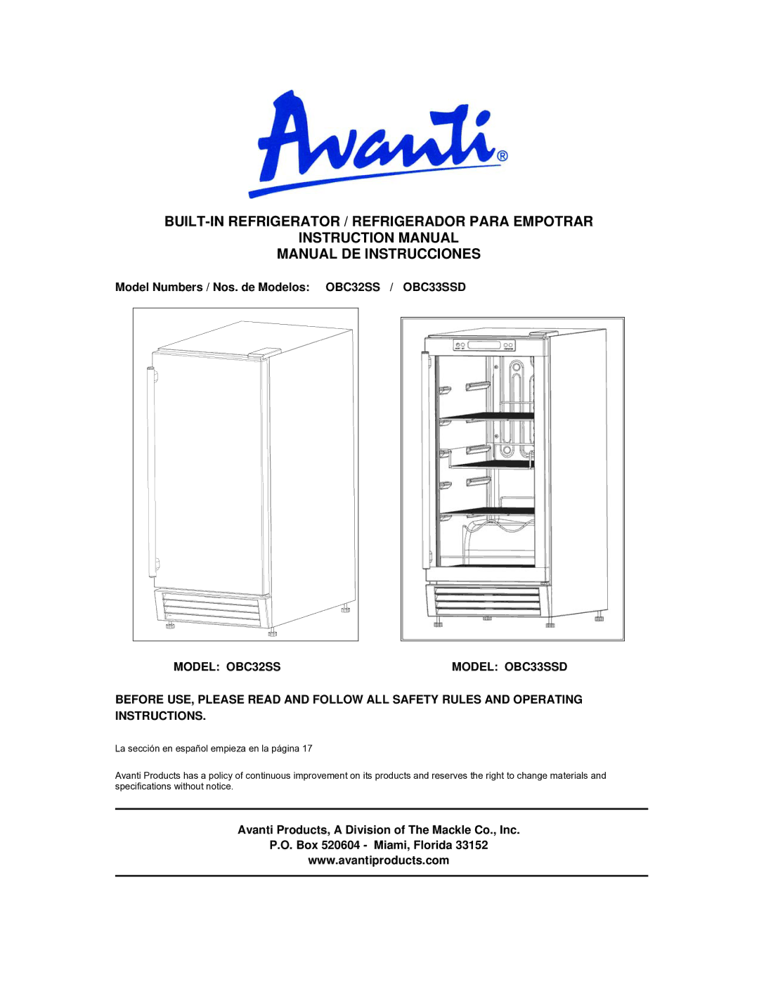 Avanti instruction manual Model Numbers / Nos. de Modelos OBC32SS / OBC33SSD 