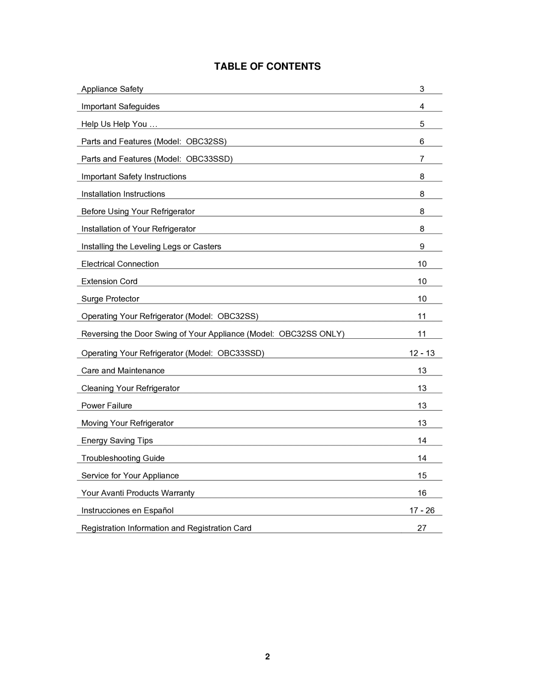 Avanti OBC33SSD, OBC32SS instruction manual Table of Contents 