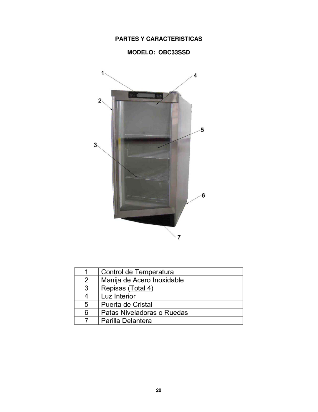 Avanti OBC32SS instruction manual Partes Y Caracteristicas Modelo OBC33SSD 