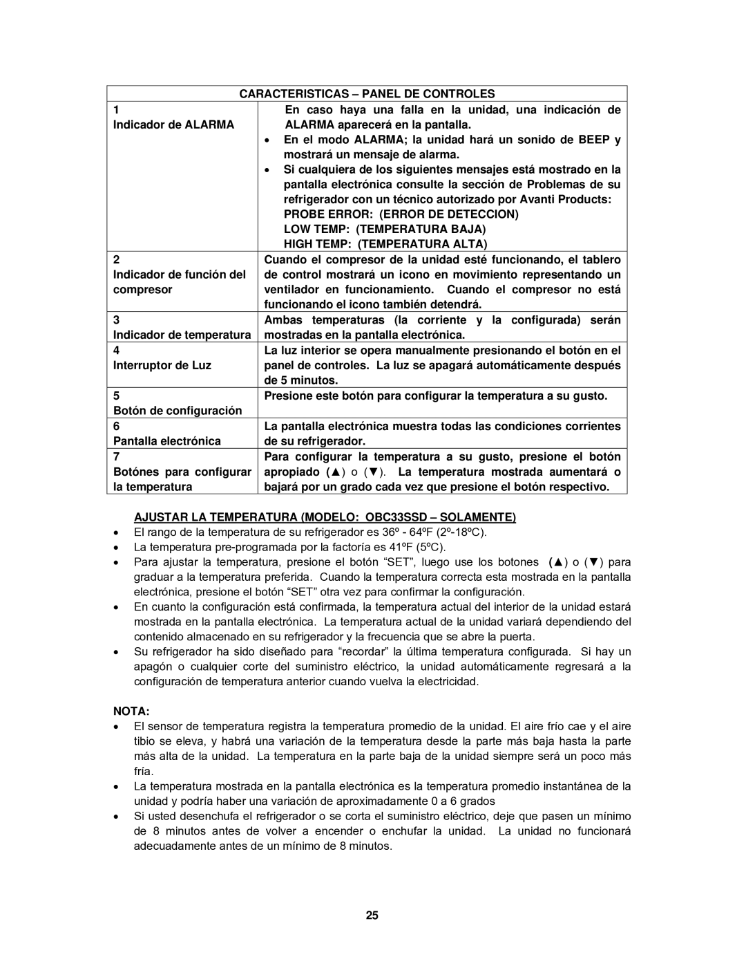 Avanti OBC32SS Caracteristicas Panel DE Controles, Probe Error Error DE Deteccion, LOW Temp Temperatura Baja, Nota 