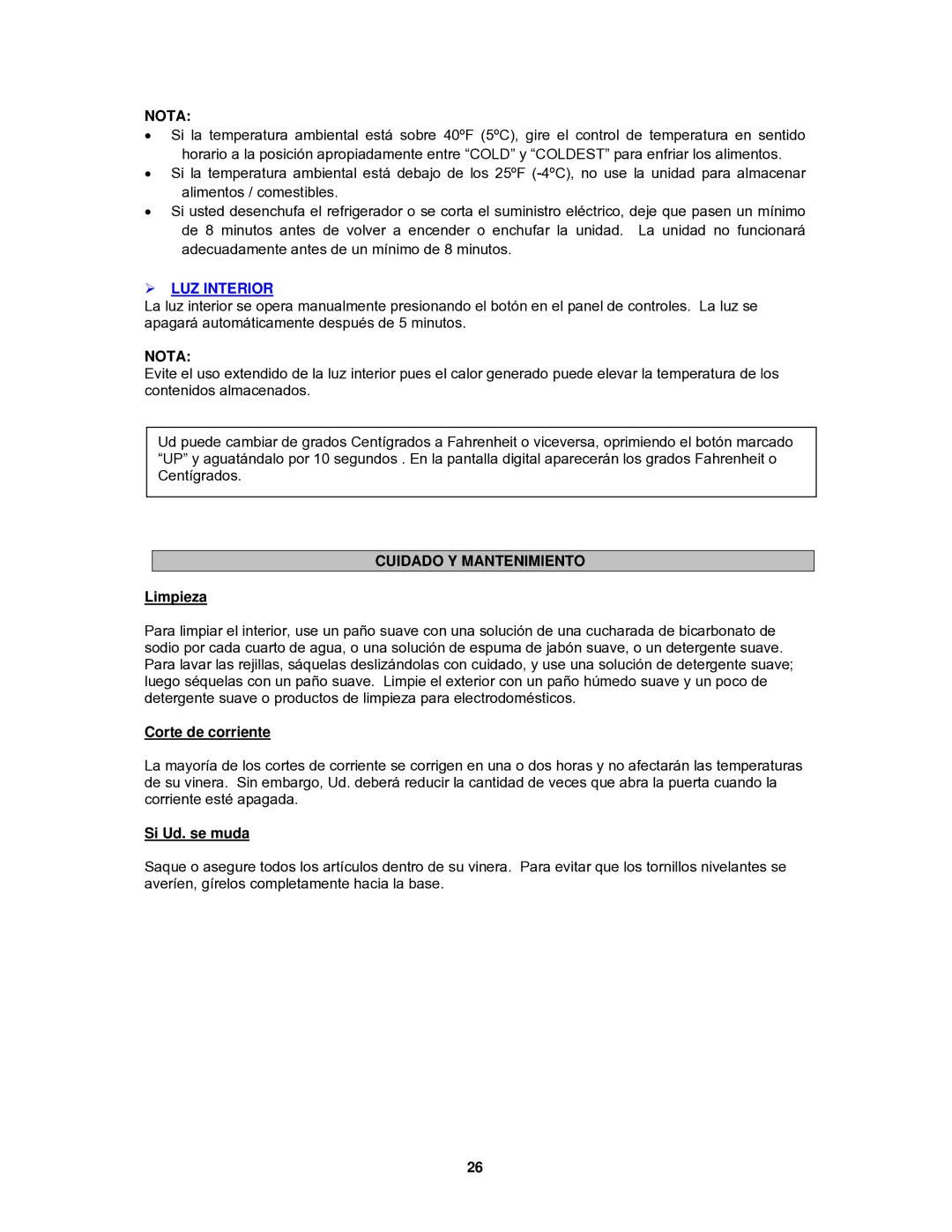 Avanti OBC33SSD, OBC32SS instruction manual Cuidado Y Mantenimiento, Limpieza 