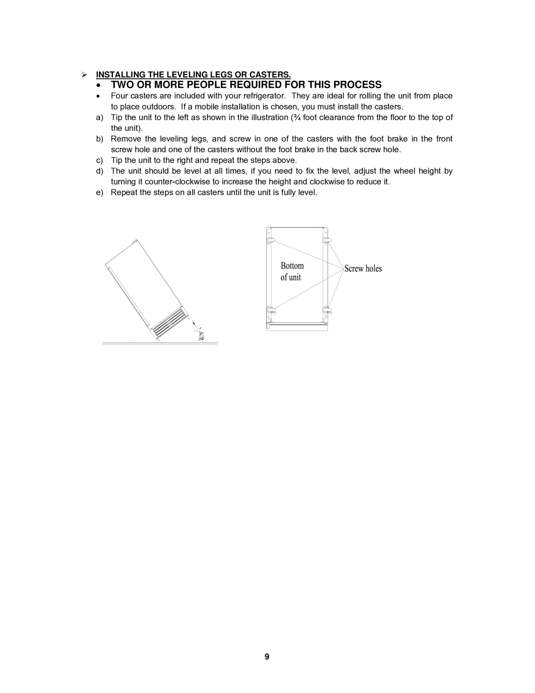 Avanti OBC32SS, OBC33SSD ∙ TWO or More People Required for this Process,  Installing the Leveling Legs or Casters 