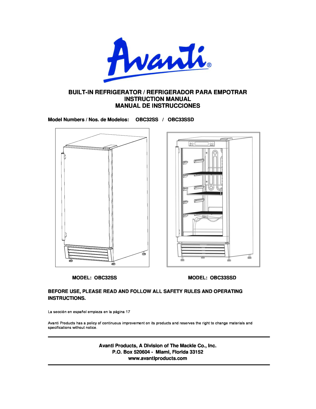 Avanti OBC32SS, OBC33SSD instruction manual Built-Inrefrigerator / Refrigerador Para Empotrar 