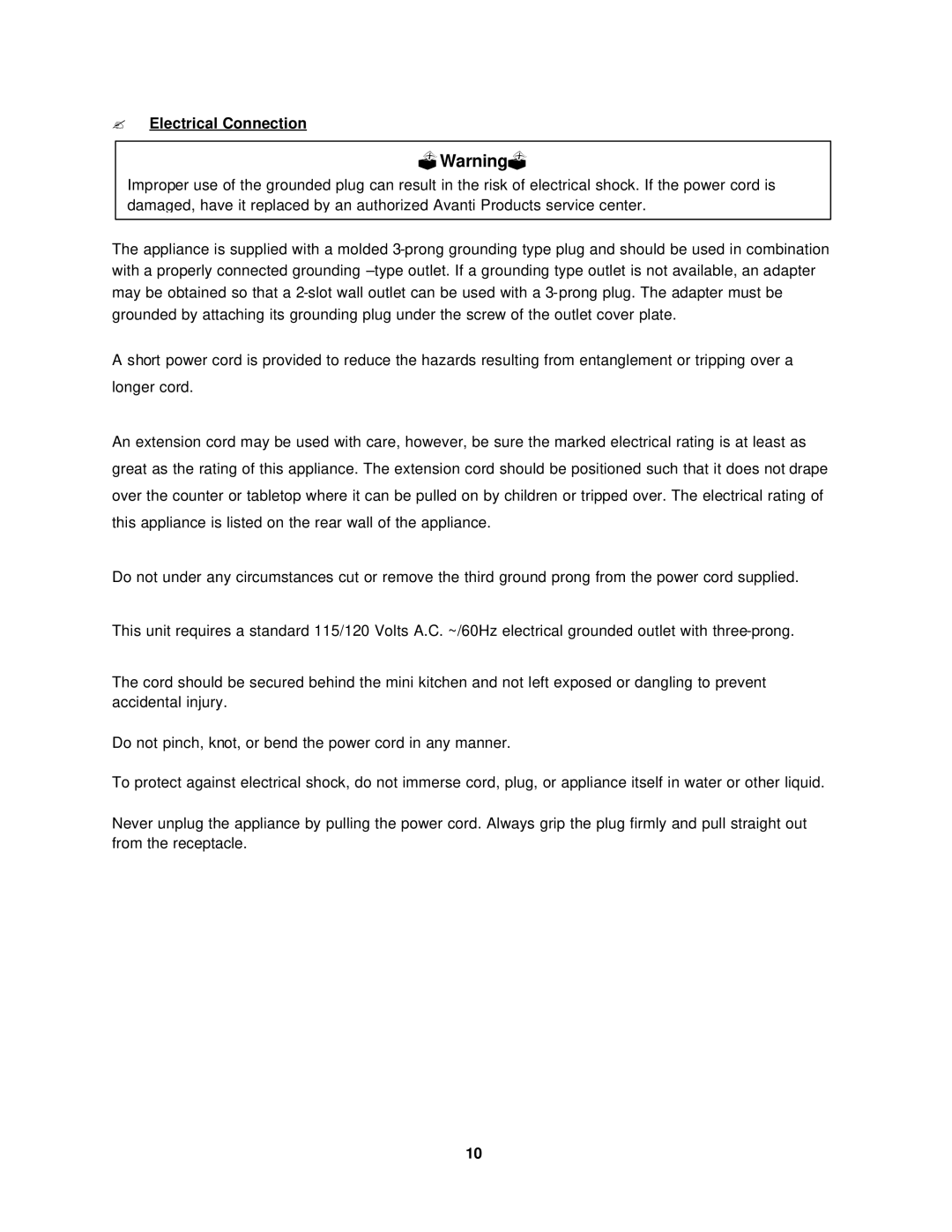 Avanti OCR43SS instruction manual ?Warning?, ? Electrical Connection 