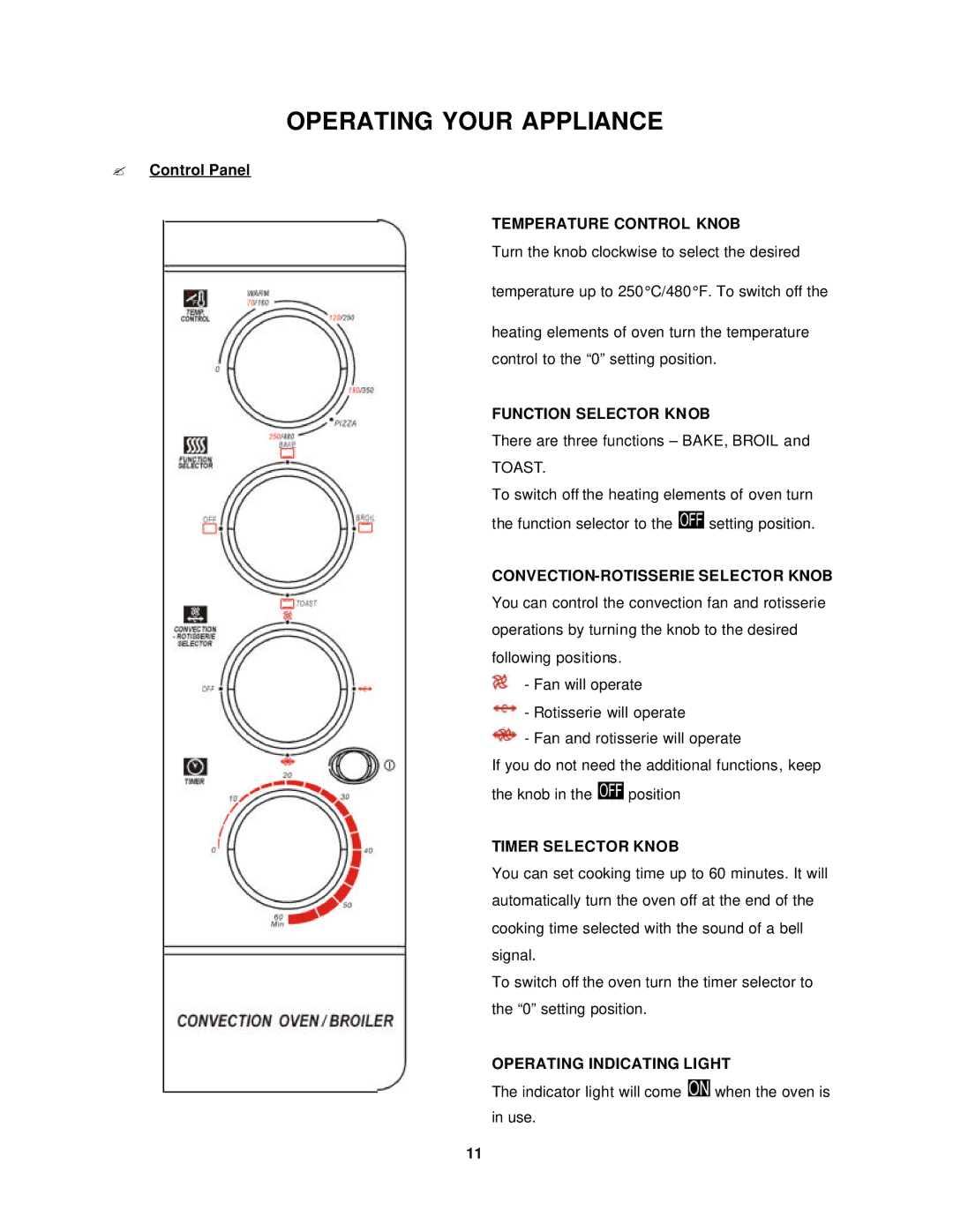 Avanti OCR43SS Operating Your Appliance, Function Selector Knob, CONVECTION-ROTISSERIE Selector Knob, Timer Selector Knob 