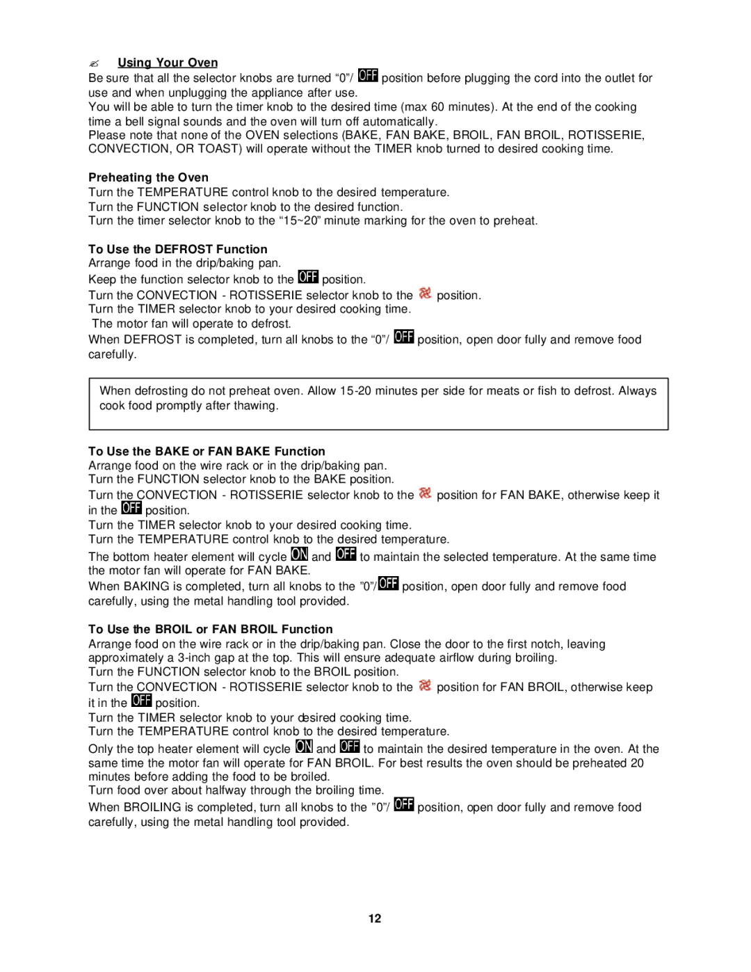 Avanti OCR43SS instruction manual ? Using Your Oven, Preheating the Oven, To Use the Bake or FAN Bake Function 