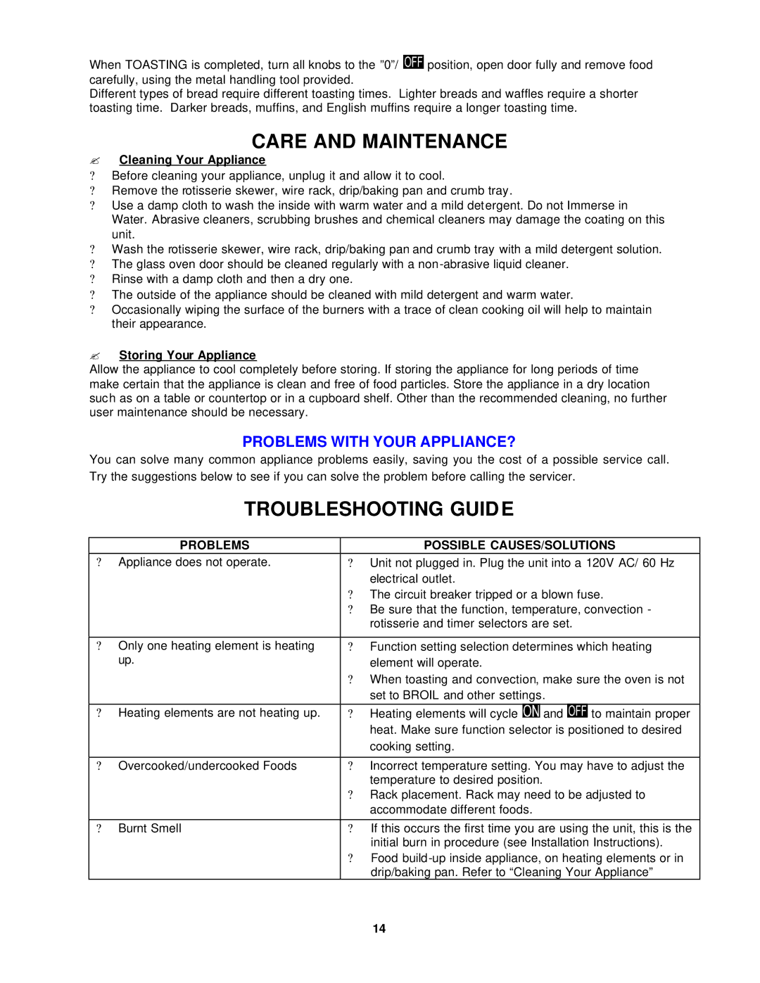 Avanti OCR43SS Care and Maintenance, Troubleshooting Guide, ? Cleaning Your Appliance, ? Storing Your Appliance 