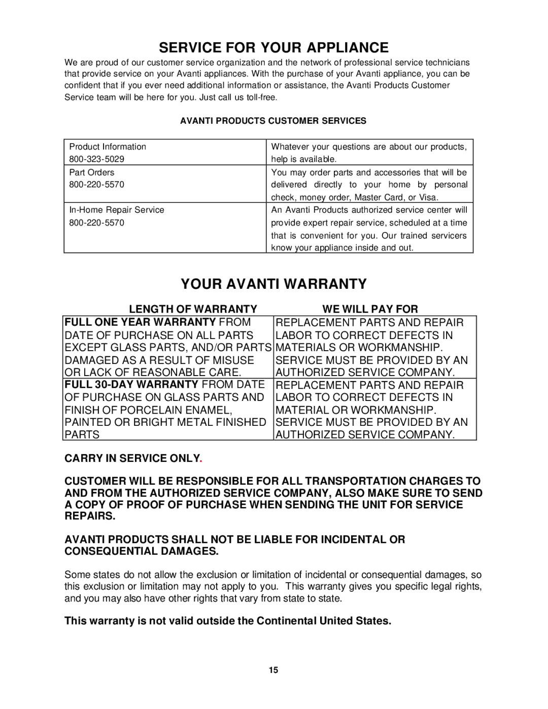 Avanti OCR43SS instruction manual Service for Your Appliance, Your Avanti Warranty, Full 30-DAY Warranty from Date 