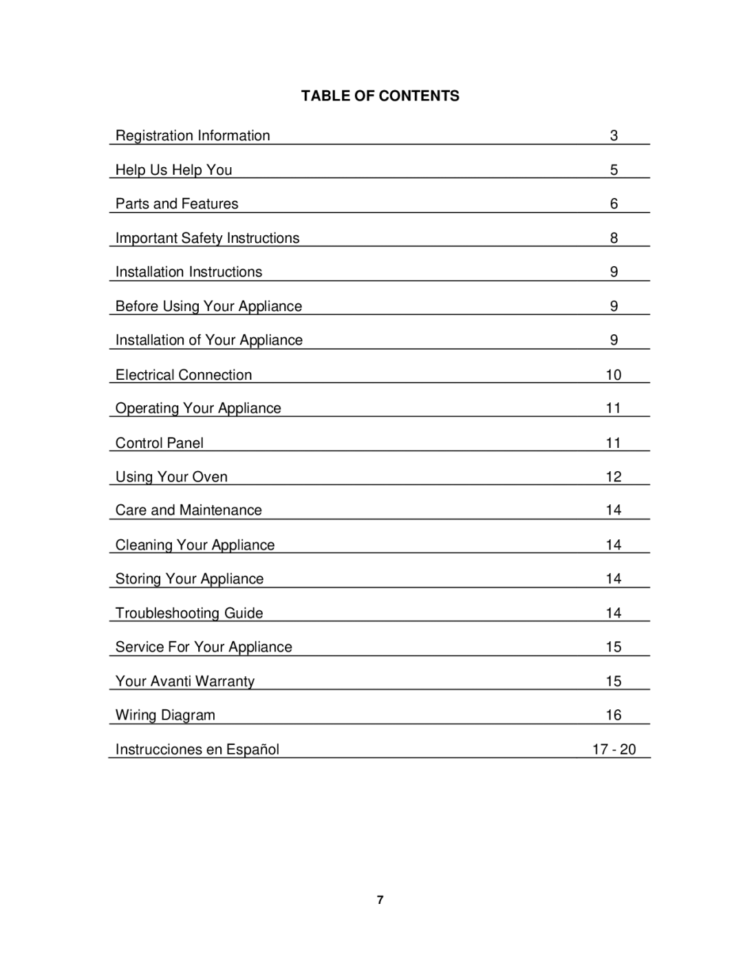 Avanti OCR43SS instruction manual Table of Contents 