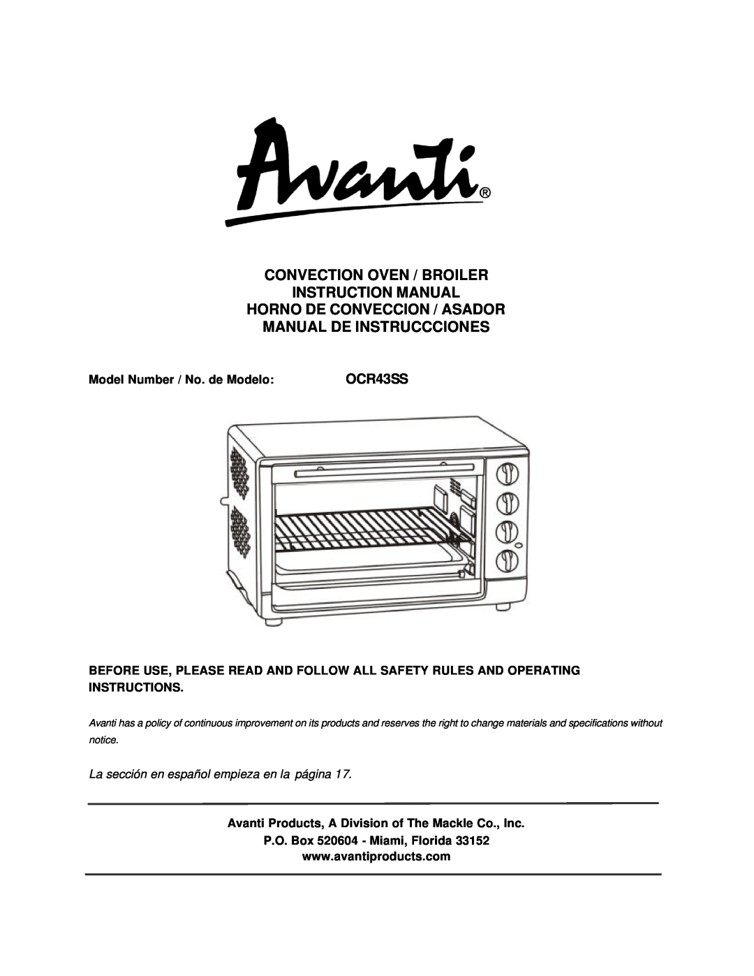 Avanti OCR43SS instruction manual Horno De Conveccion / Asador Manual De Instruccciones, Model Number / No. de Modelo 