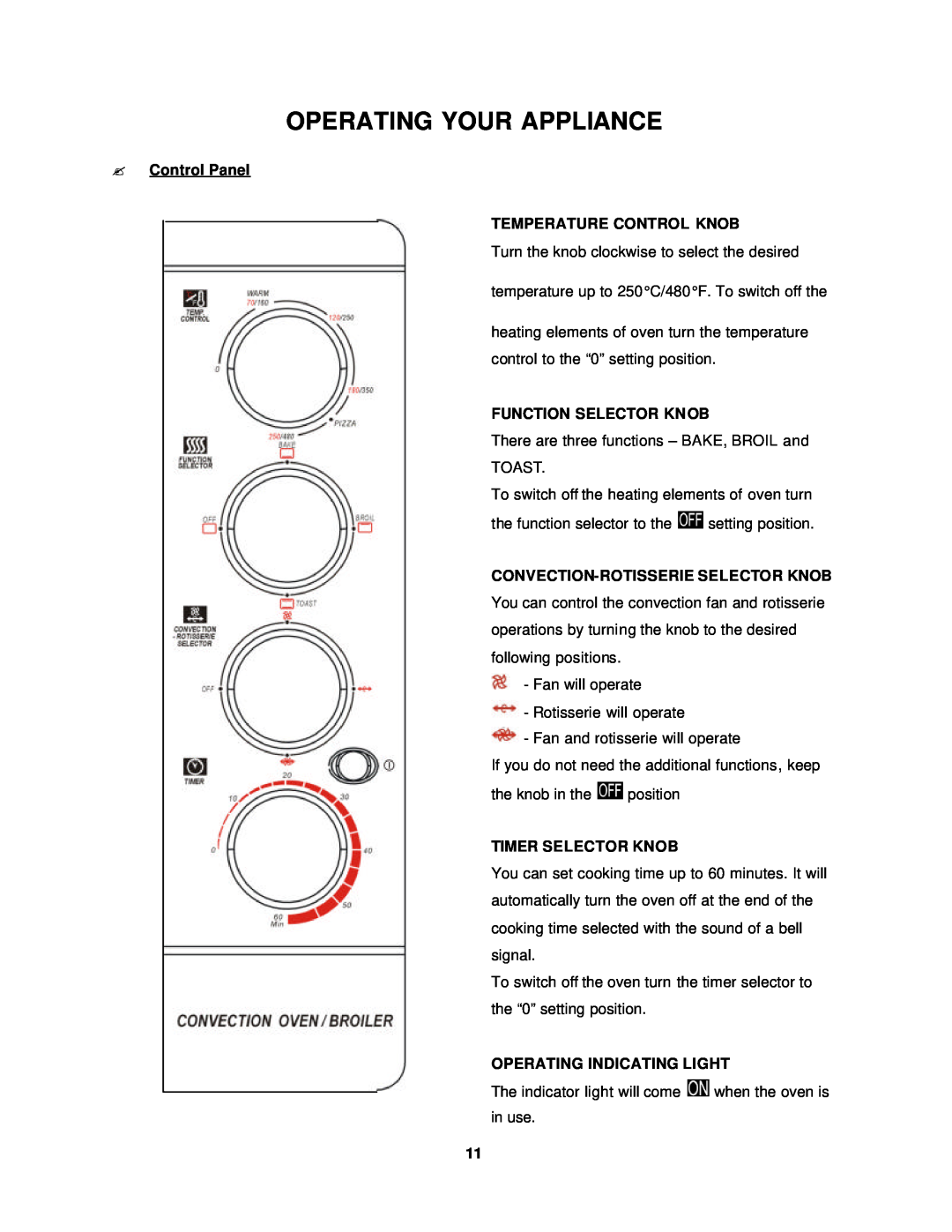 Avanti OCR43SS Operating Your Appliance, ? Control Panel TEMPERATURE CONTROL KNOB, Function Selector Knob 