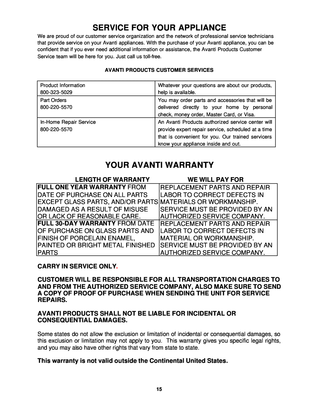 Avanti OCR43SS instruction manual Service For Your Appliance, Your Avanti Warranty, Length Of Warranty, We Will Pay For 