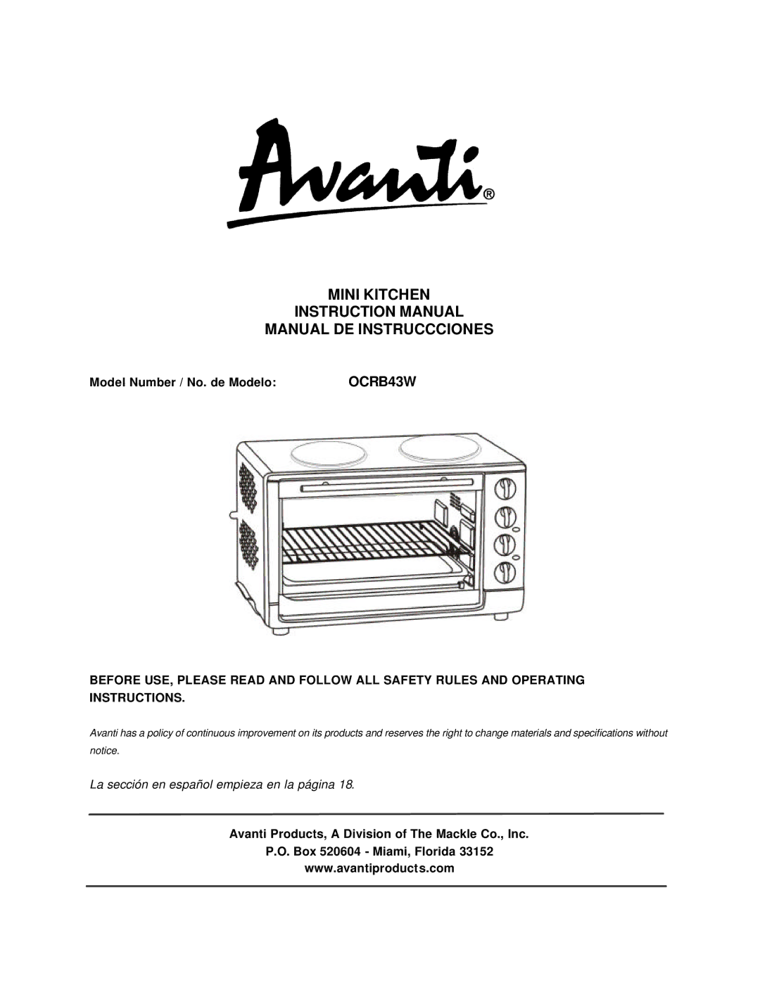 Avanti OCRB43W instruction manual Mini Kitchen Manual DE Instruccciones, Model Number / No. de Modelo 