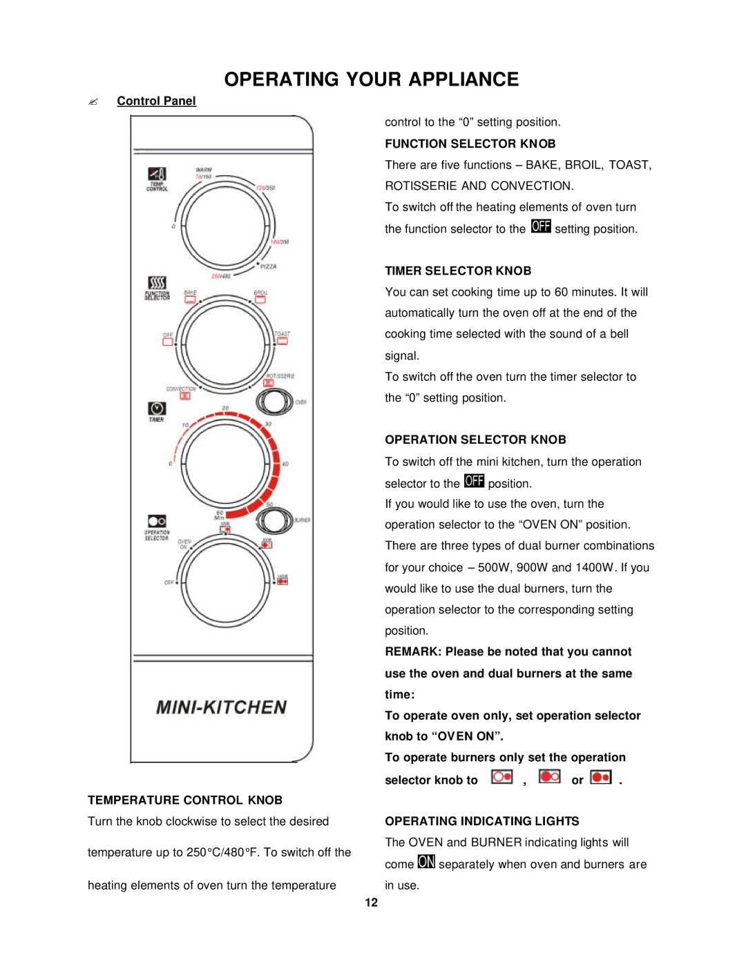 Avanti OCRB43W Operating Your Appliance, ? Control Panel, Temperature Control Knob, Operating Indicating Lights 