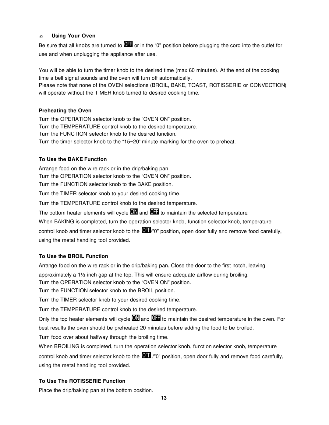 Avanti OCRB43W ? Using Your Oven, Preheating the Oven, To Use the Bake Function, To Use the Broil Function 