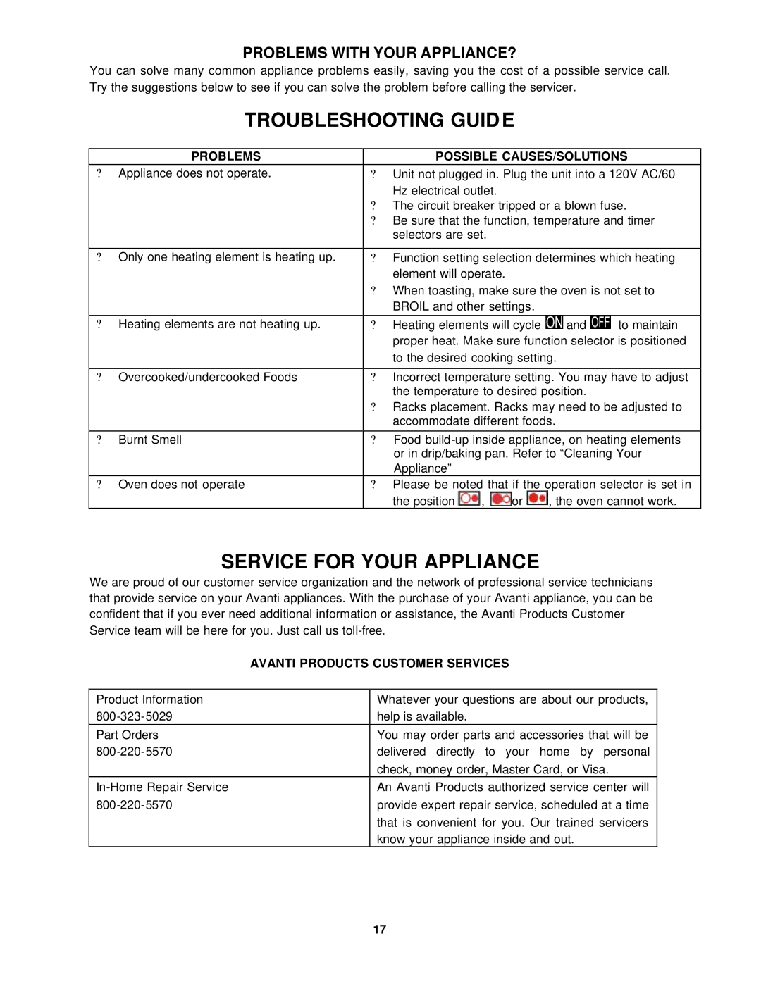 Avanti OCRB43W instruction manual Troubleshooting Guide, Service for Your Appliance, Problems with Your APPLIANCE? 