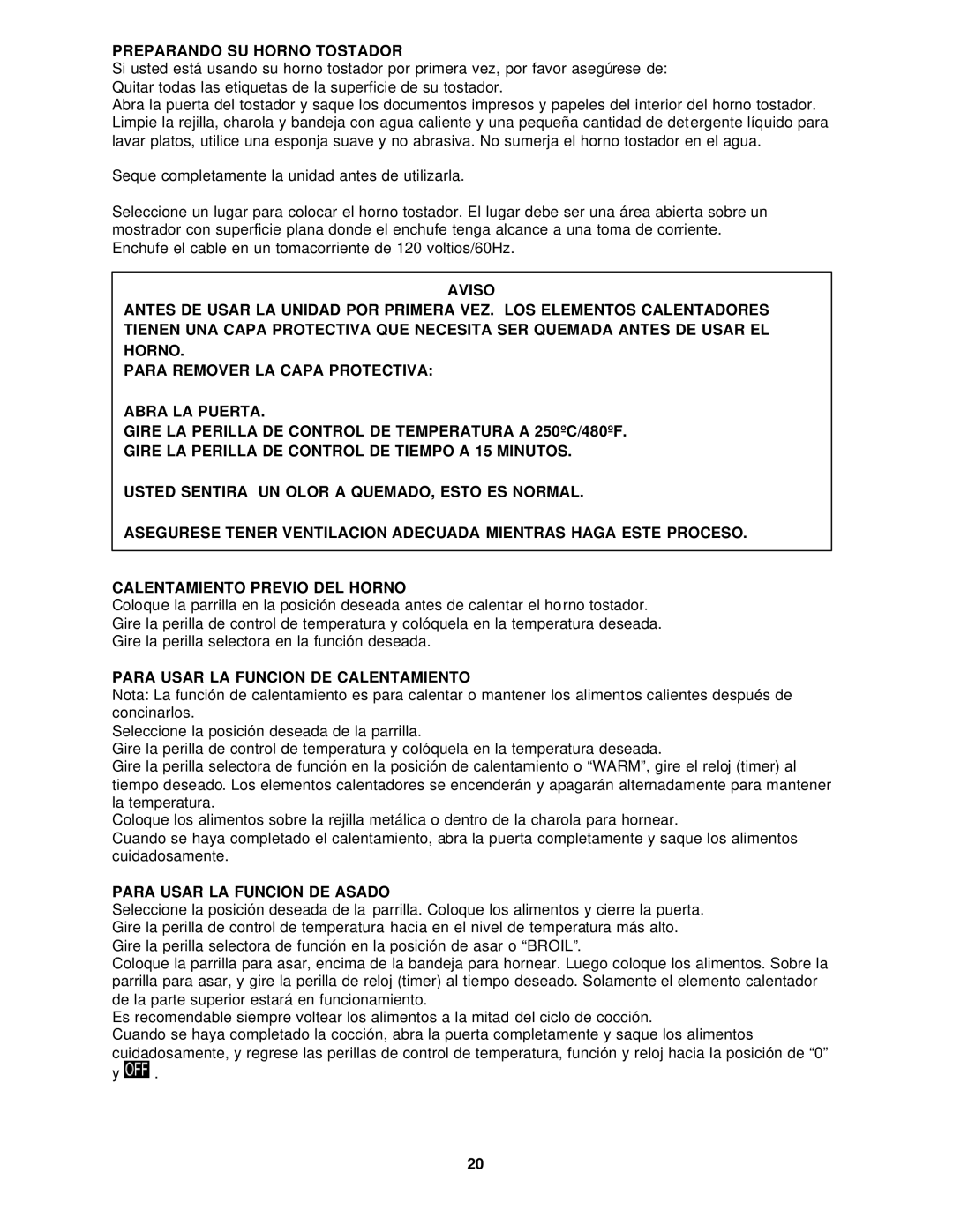 Avanti OCRB43W instruction manual Preparando SU Horno Tostador, Gire LA Perilla DE Control DE Temperatura a 250ºC/480ºF 