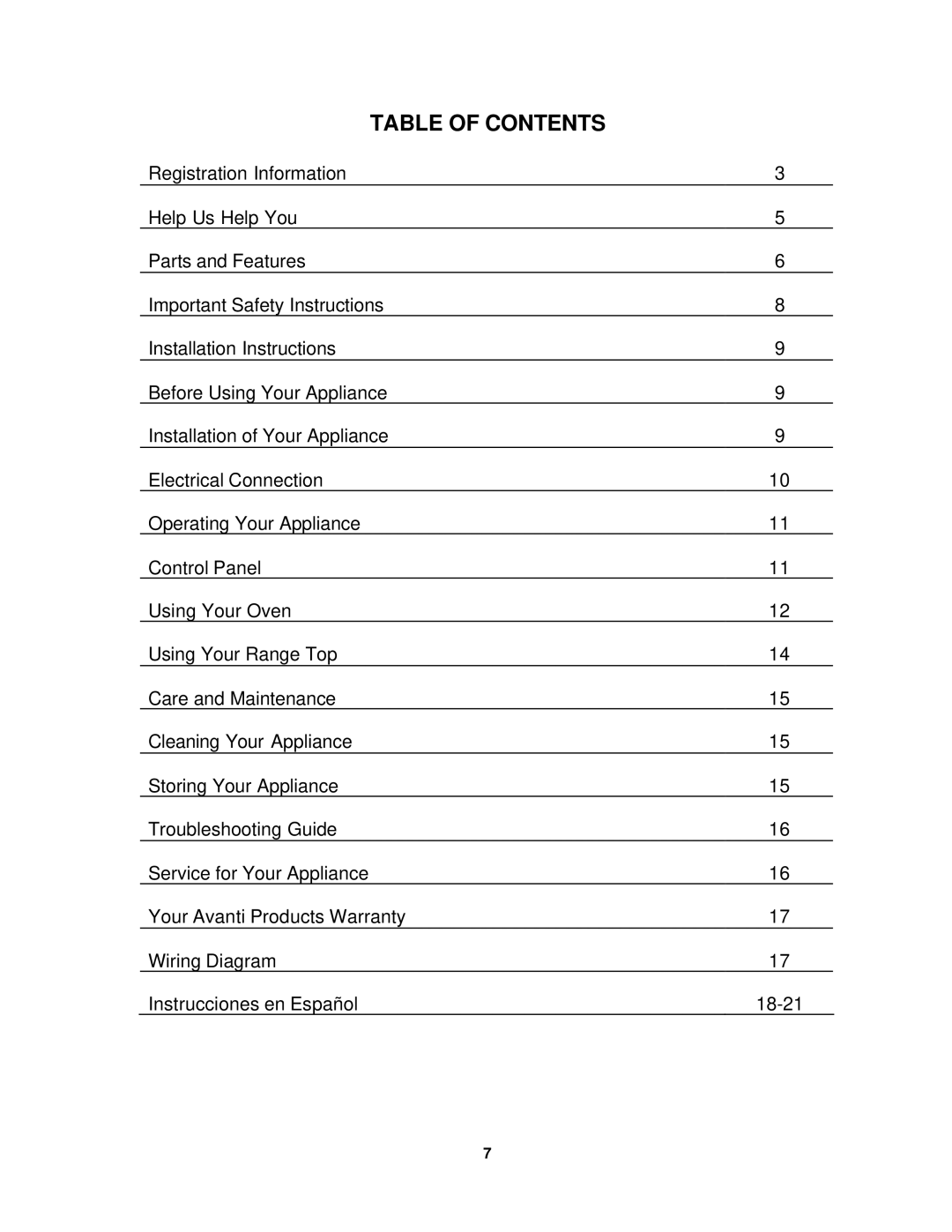 Avanti OCRB43W instruction manual Table of Contents 