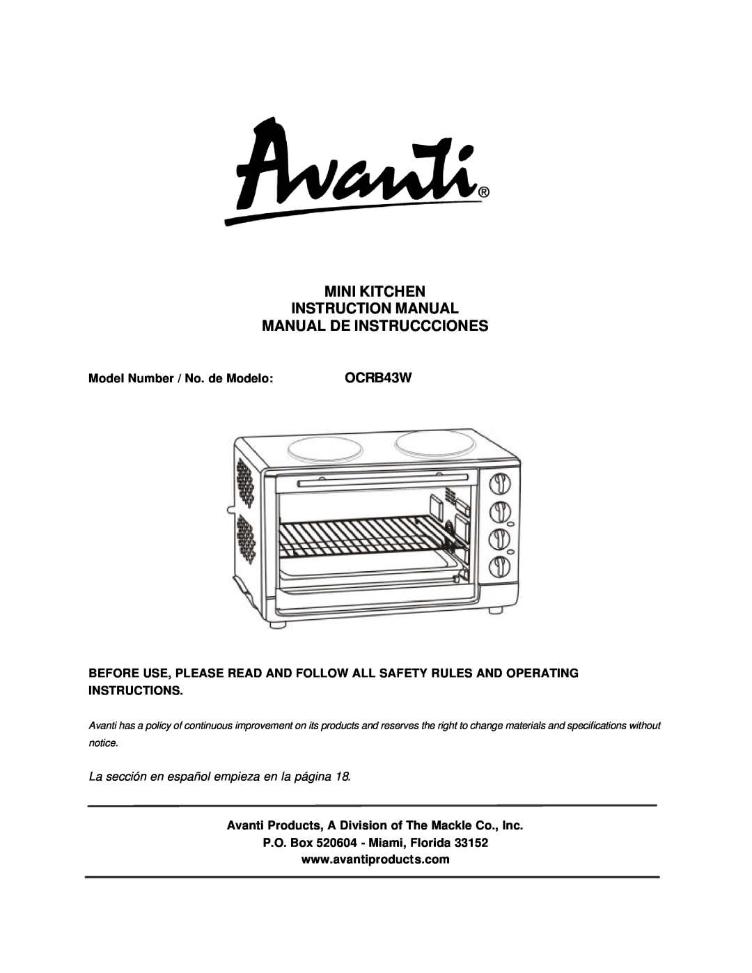 Avanti OCRB43W instruction manual Model Number / No. de Modelo, La sección en español empieza en la página 