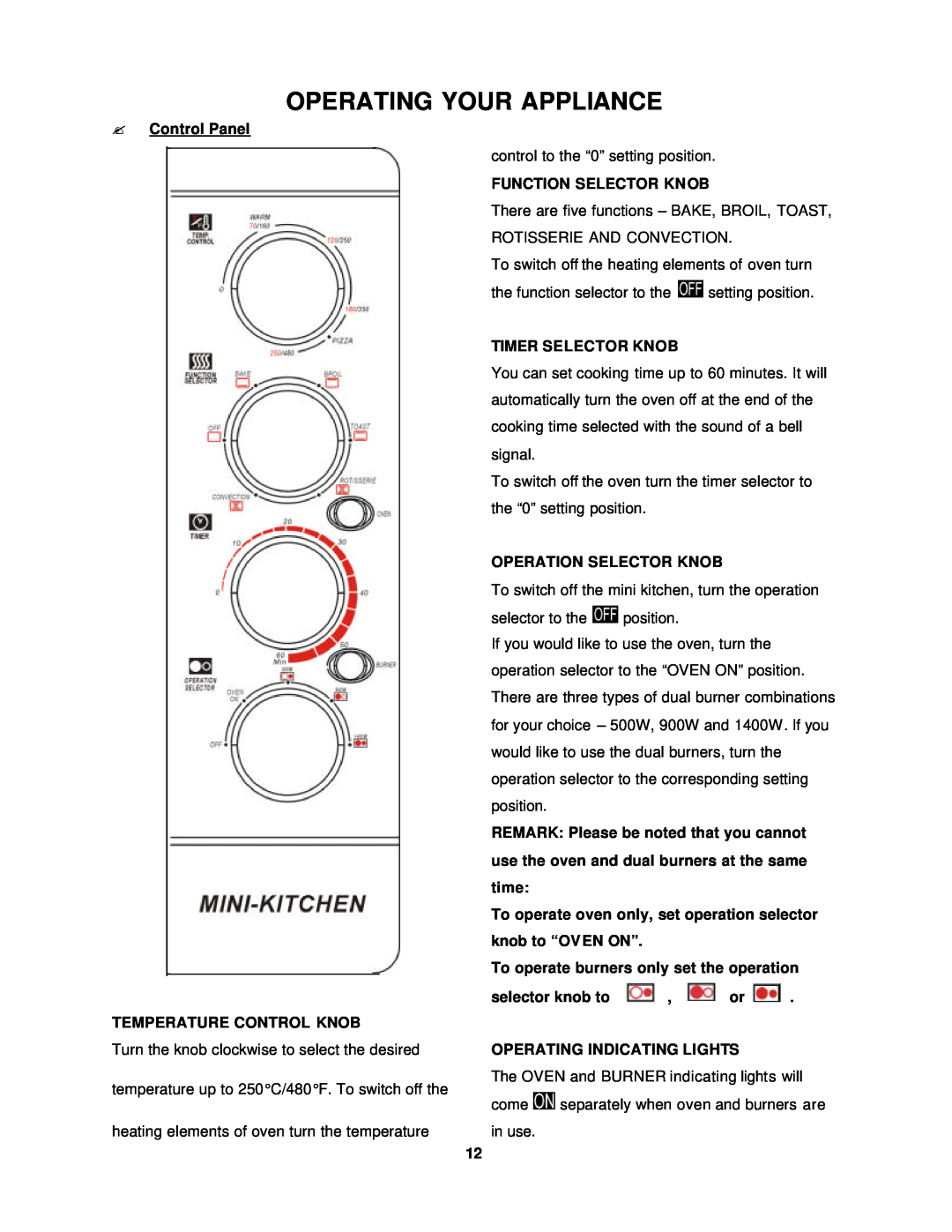 Avanti OCRB43W Operating Your Appliance, ? Control Panel TEMPERATURE CONTROL KNOB, Function Selector Knob 
