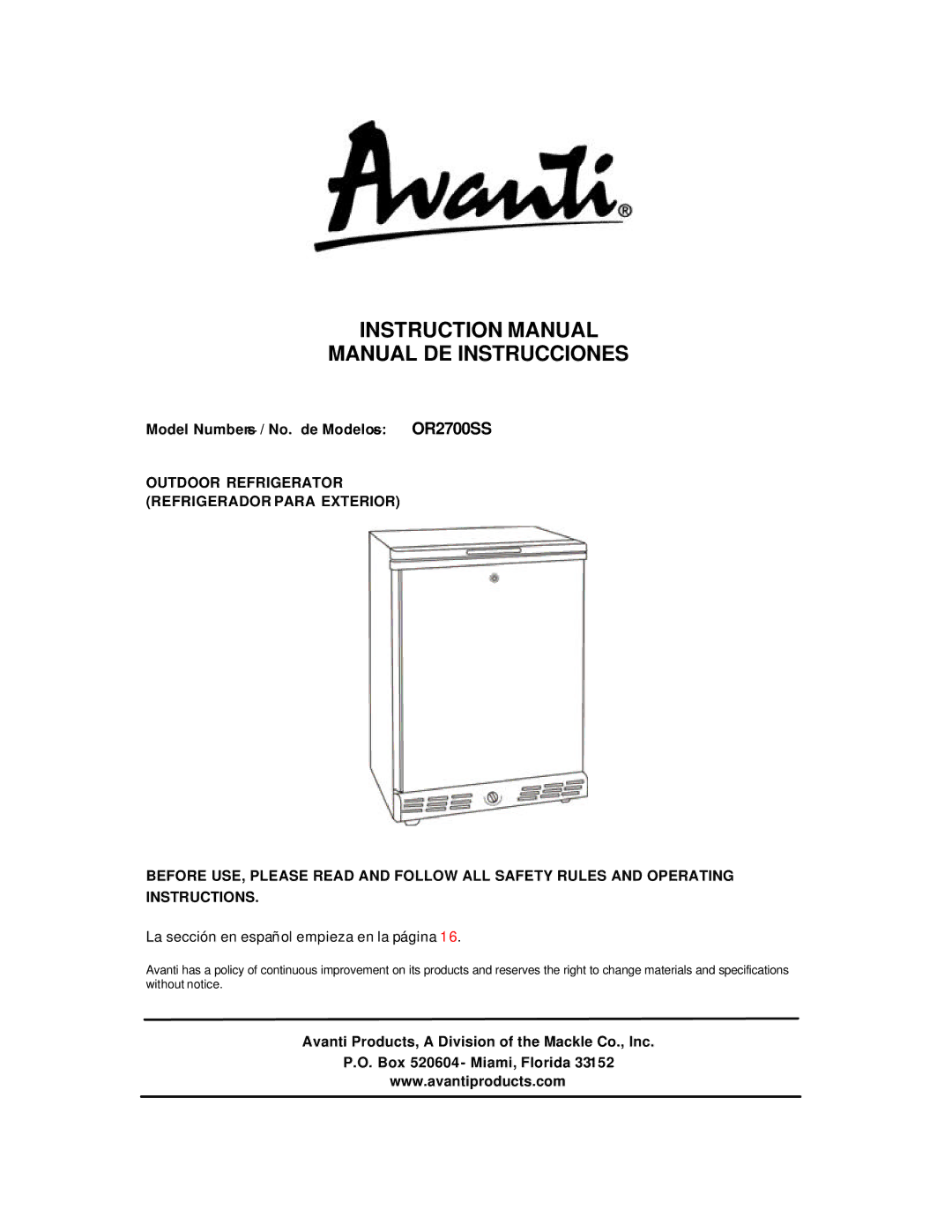 Avanti OR2700SS instruction manual Manual DE Instrucciones 