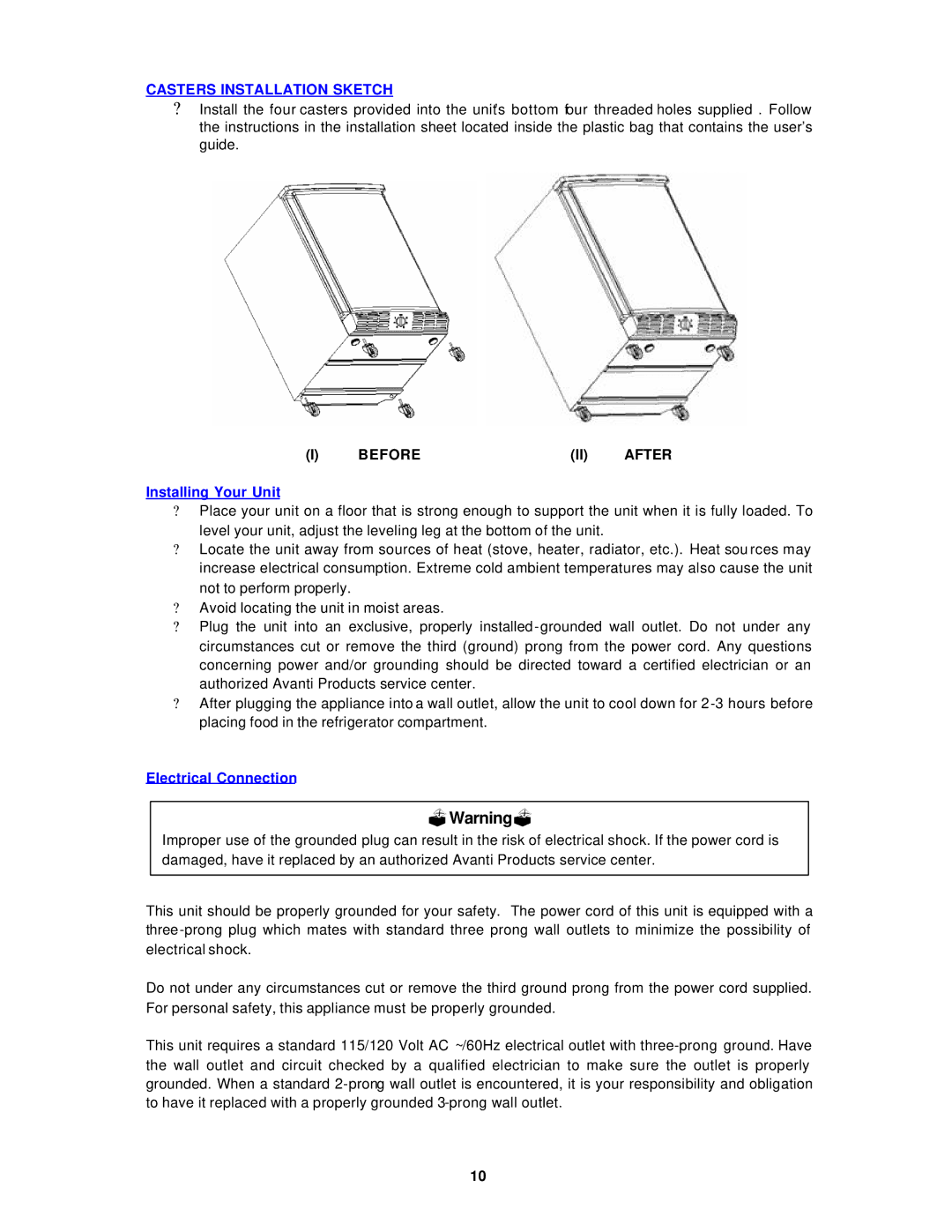 Avanti OR2700SS instruction manual Casters Installation Sketch, Before After, Installing Your Unit, Electrical Connection 