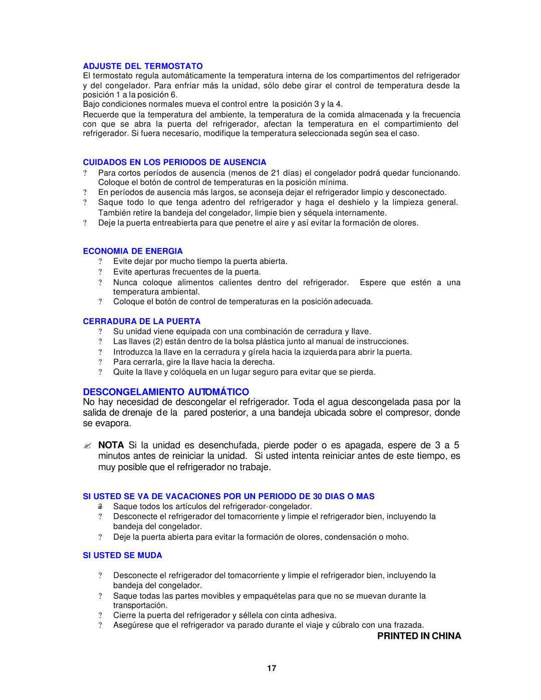 Avanti OR2700SS Adjuste DEL Termostato, Cuidados EN LOS Periodos DE Ausencia, Economia DE Energia, Cerradura DE LA Puerta 