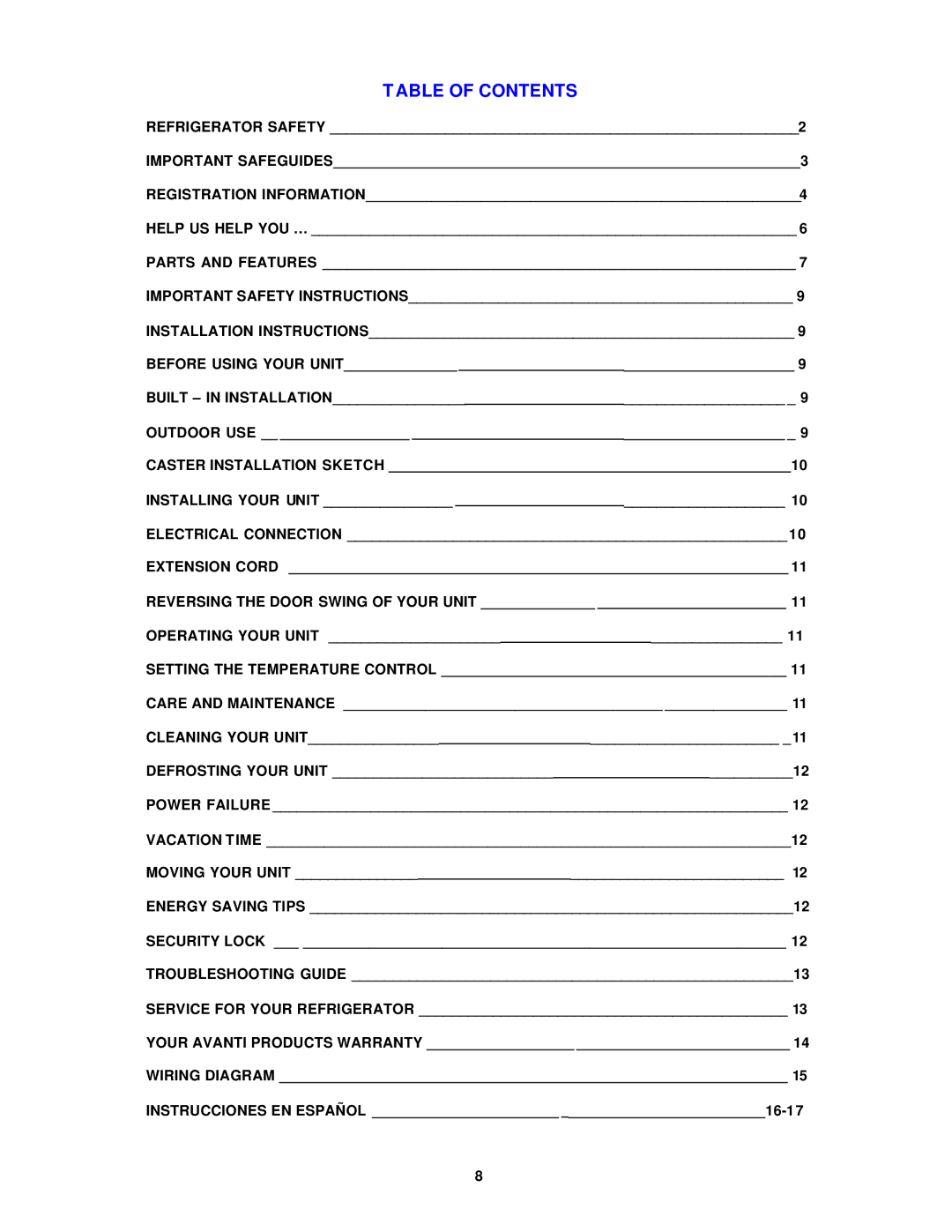 Avanti OR2700SS instruction manual Table of Contents 