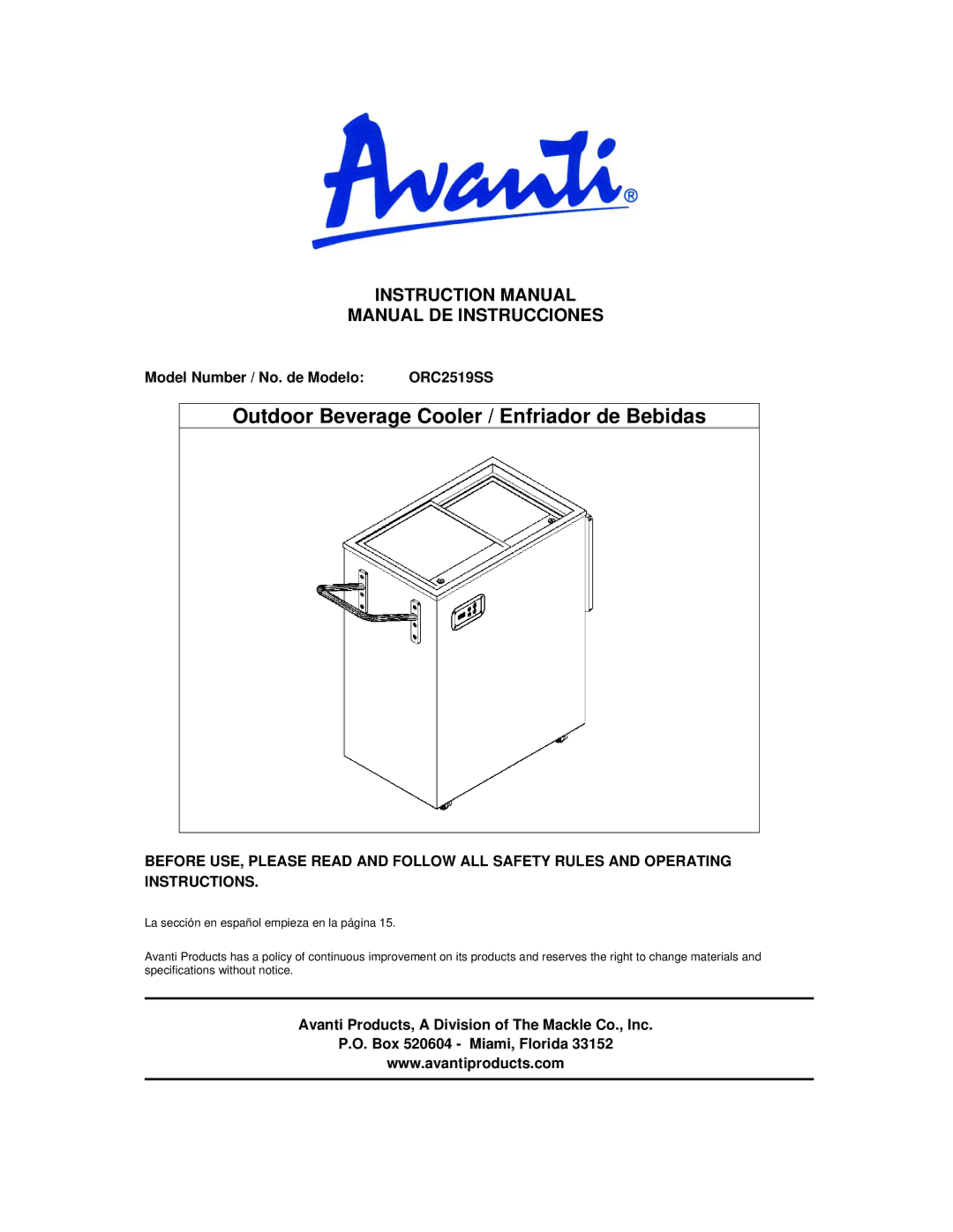 Avanti ORC2519SS instruction manual Manual DE Instrucciones, Model Number / No. de Modelo 