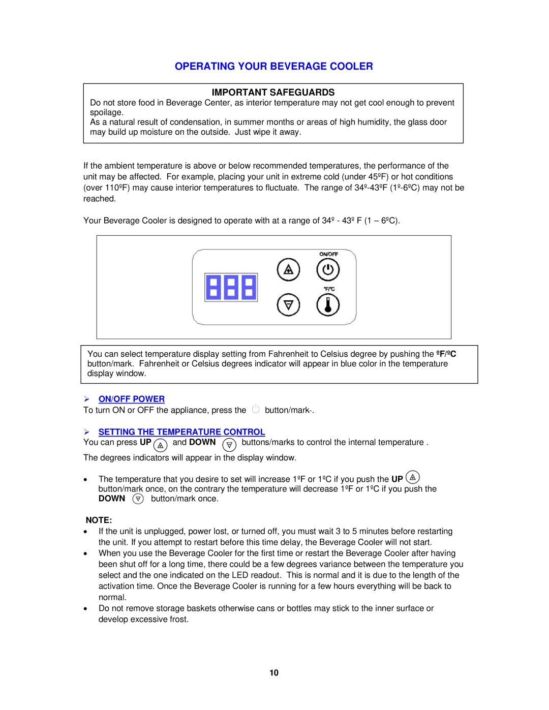 Avanti ORC2519SS instruction manual Operating Your Beverage Cooler 