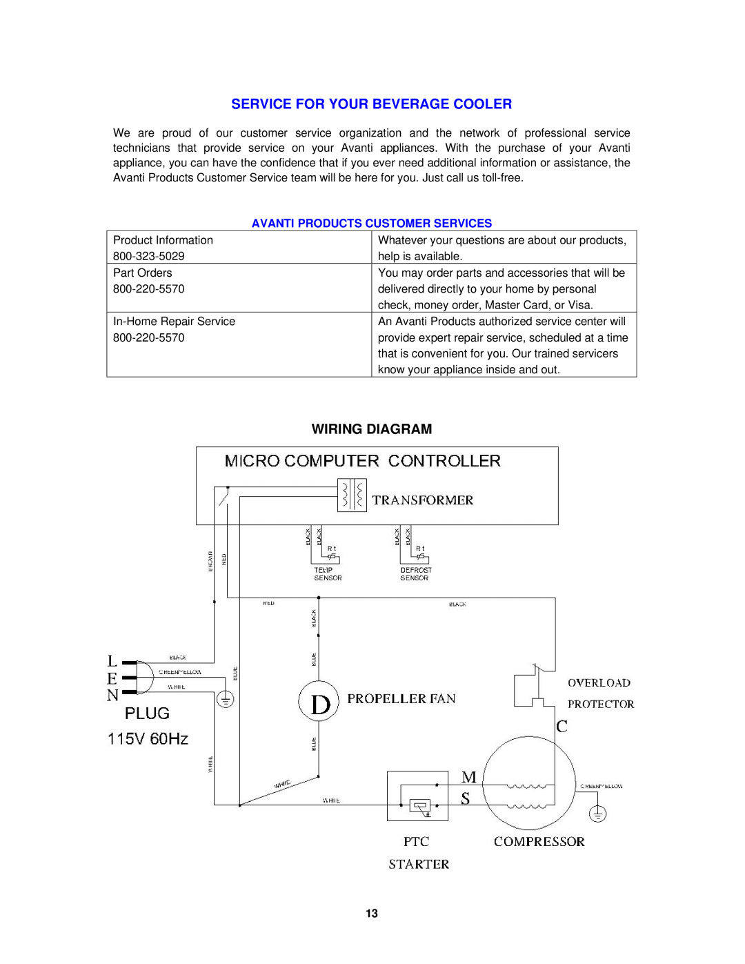 Avanti ORC2519SS instruction manual Service for Your Beverage Cooler, Wiring Diagram 