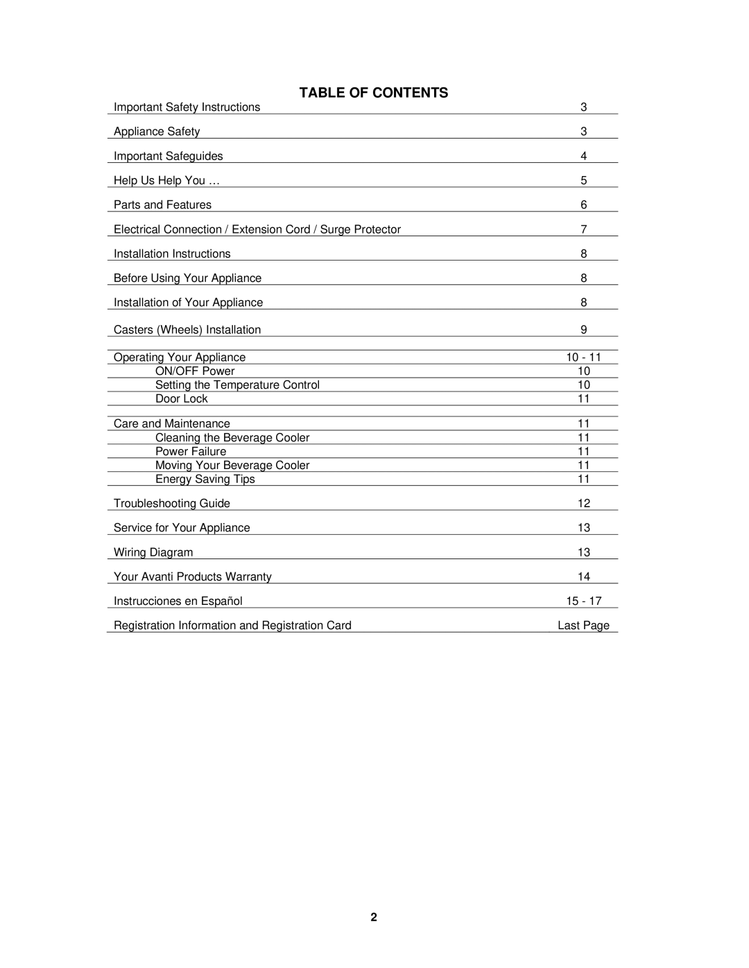 Avanti ORC2519SS instruction manual Table of Contents 