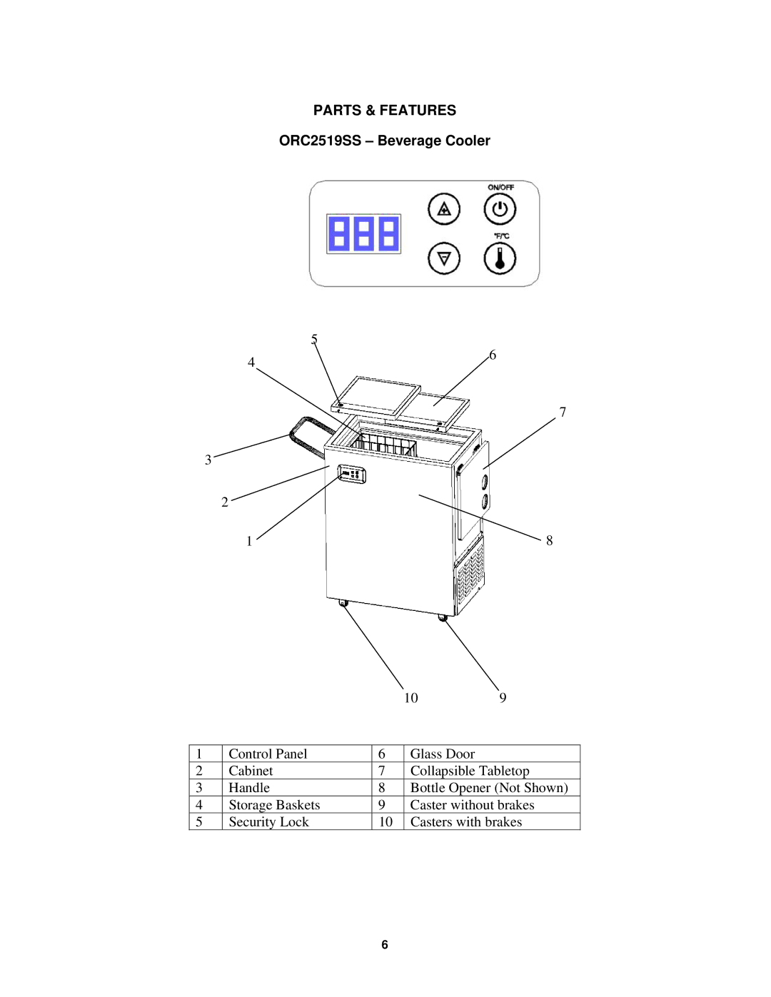 Avanti instruction manual Parts & Features, ORC2519SS Beverage Cooler 