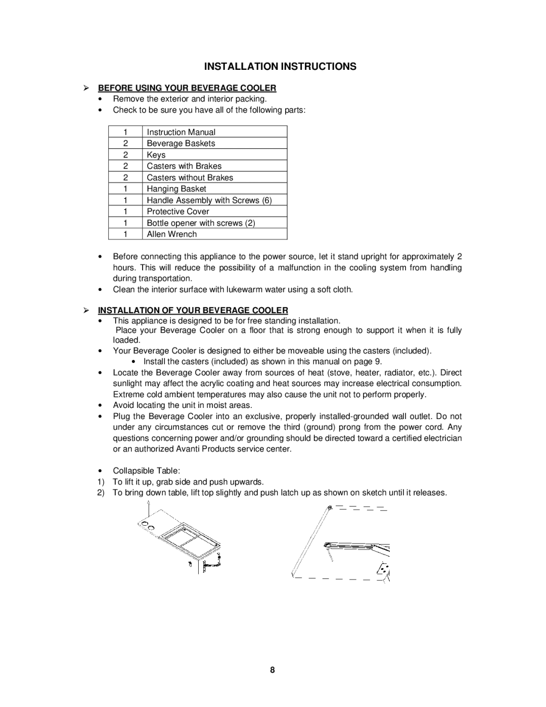 Avanti ORC2519SS Installation Instructions,  Before Using Your Beverage Cooler,  Installation of Your Beverage Cooler 