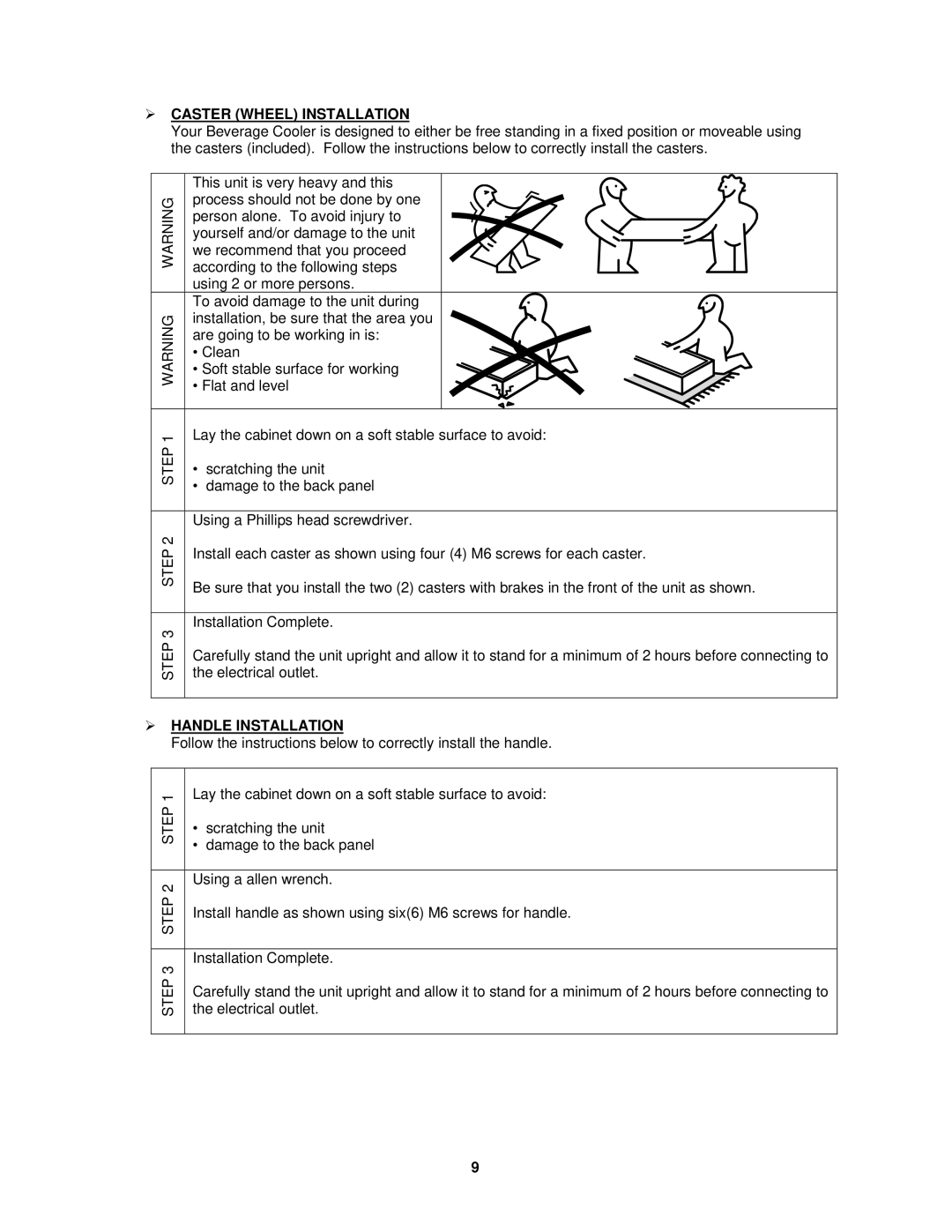 Avanti ORC2519SS instruction manual  Caster Wheel Installation,  Handle Installation 