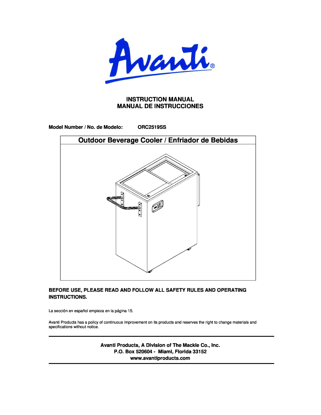 Avanti ORC2519SS instruction manual Outdoor Beverage Cooler / Enfriador de Bebidas, Model Number / No. de Modelo 