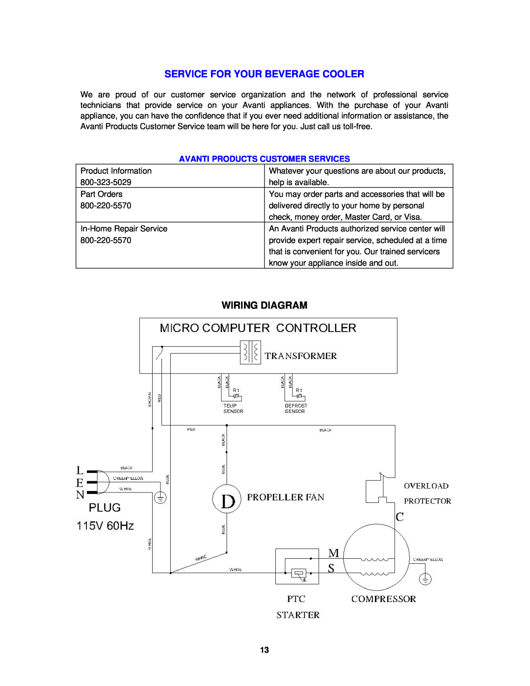 Avanti ORC2519SS instruction manual Service For Your Beverage Cooler, Wiring Diagram, Avanti Products Customer Services 