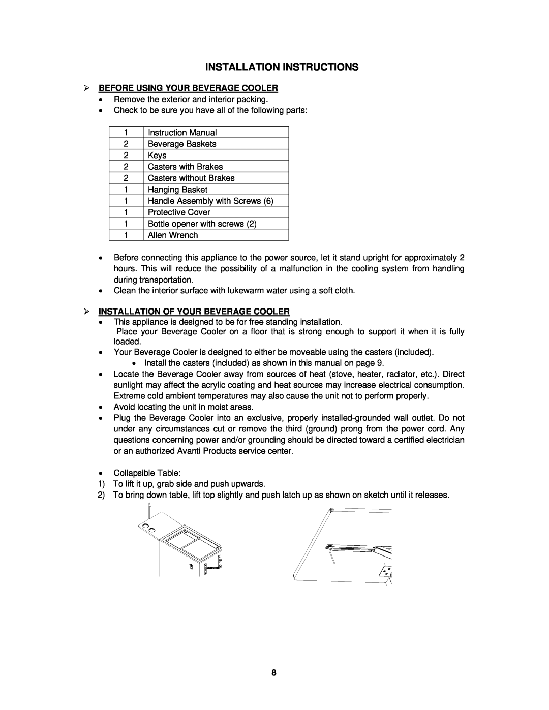 Avanti ORC2519SS Installation Instructions,  Before Using Your Beverage Cooler,  Installation Of Your Beverage Cooler 